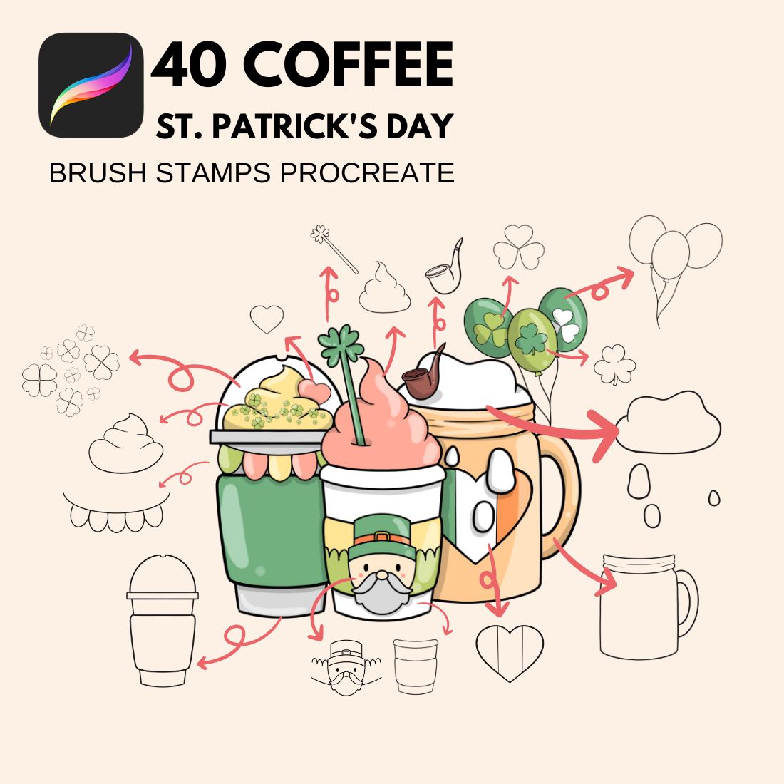40 Coffee St Patrick's Day Procreate Brush Stamps preview image.