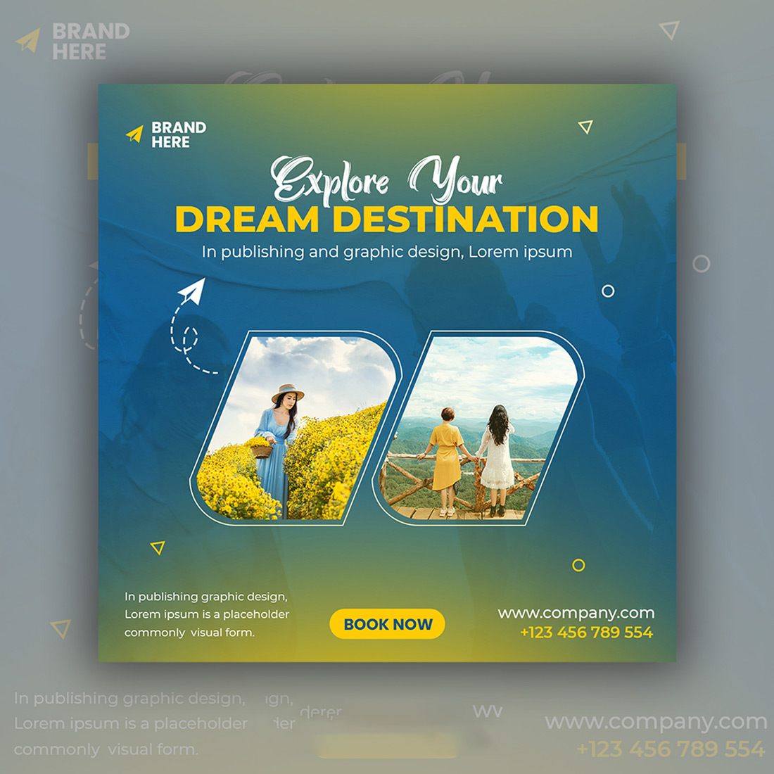 Blue and yellow flyer for a travel company.