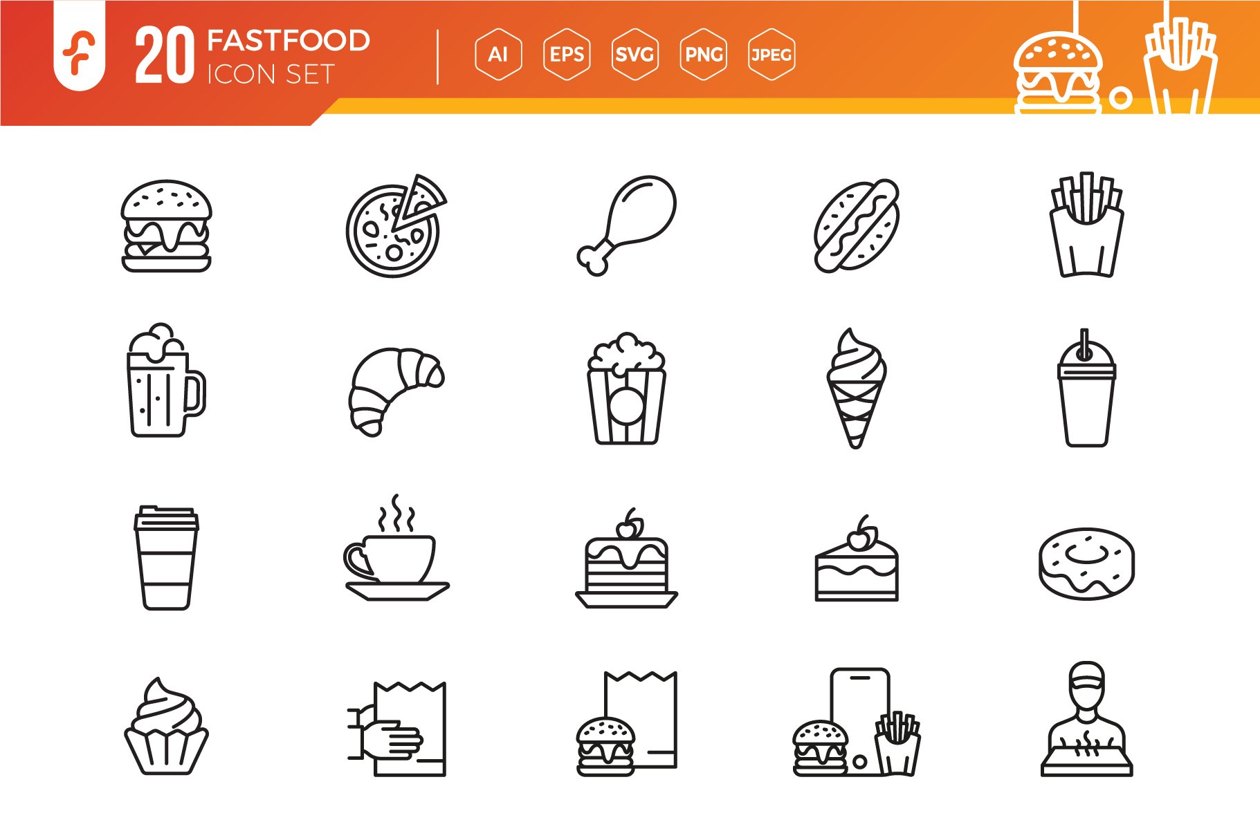 Fast food line icon set cover image.