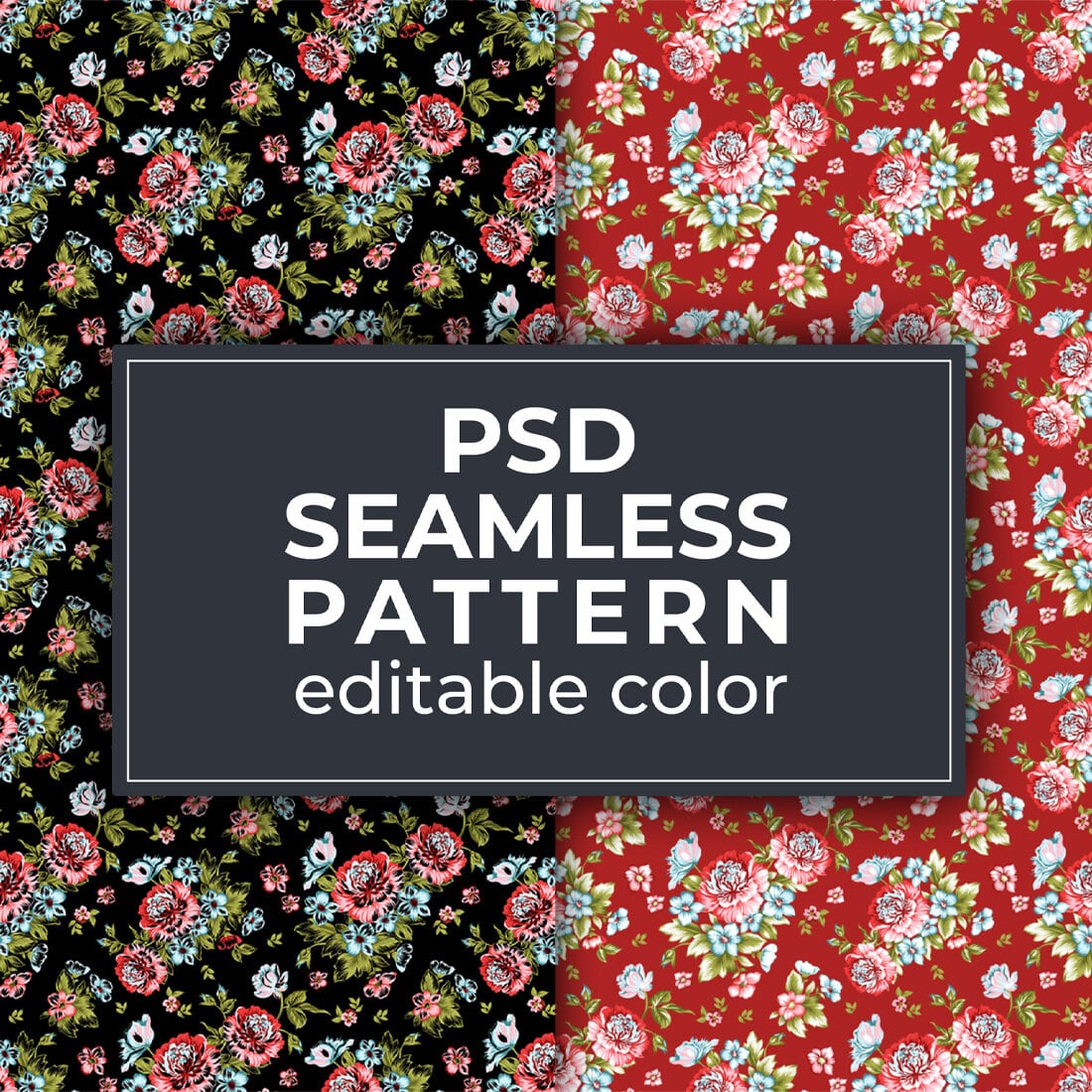 Set of four floral patterns with the text psd seamless pattern.