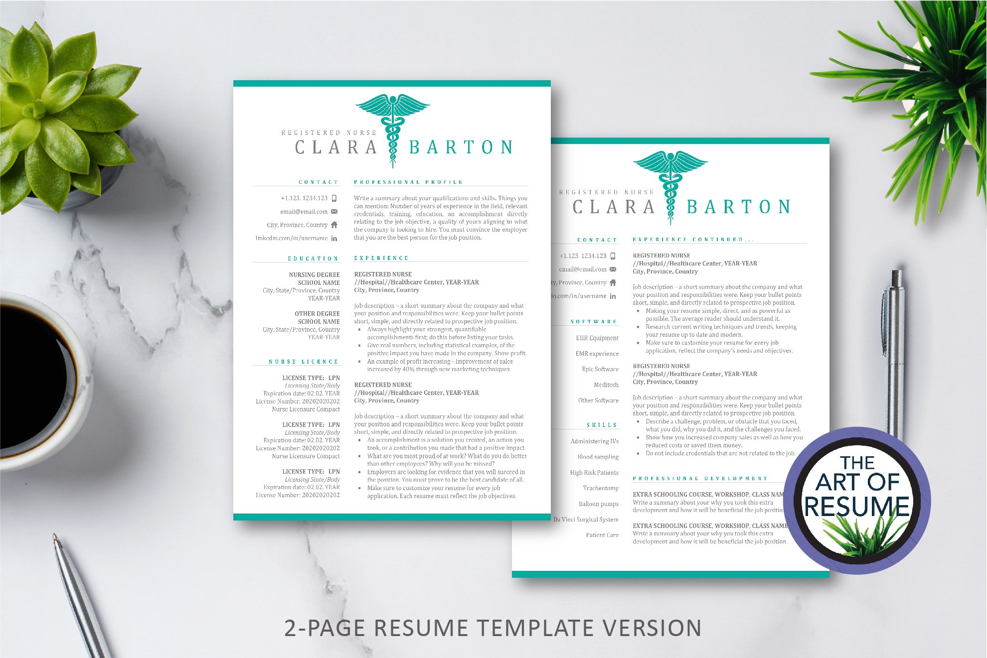 Two page resume template with a cup of coffee.