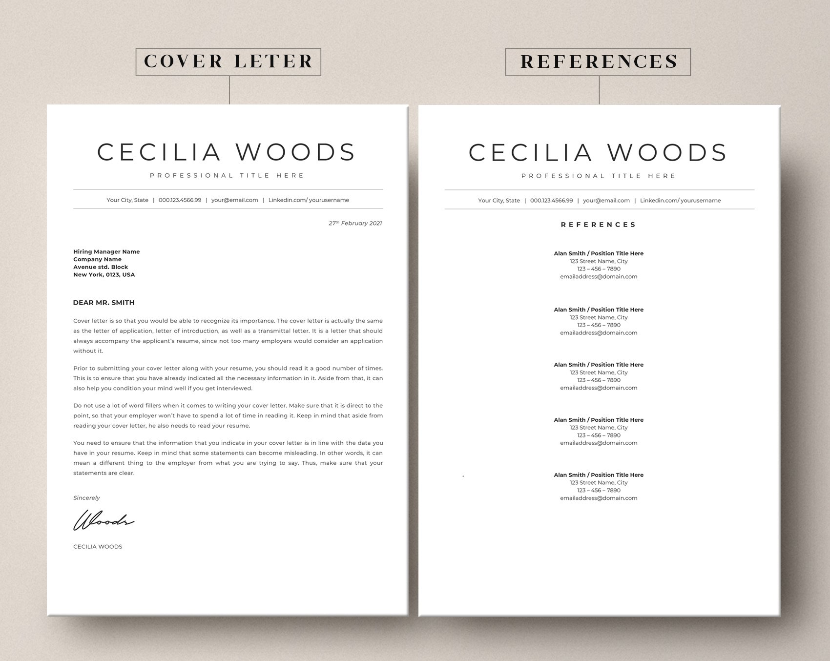 Two resume templates with a cover letter and references.