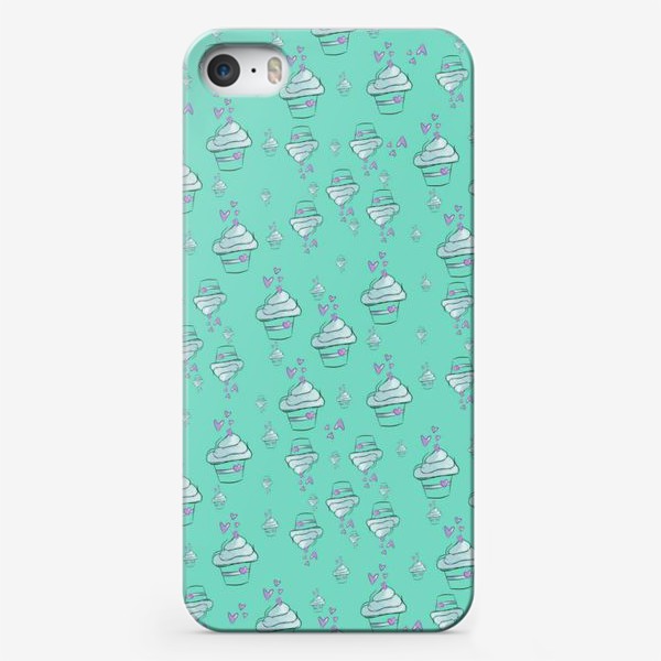 Green phone case with cupcakes on it.