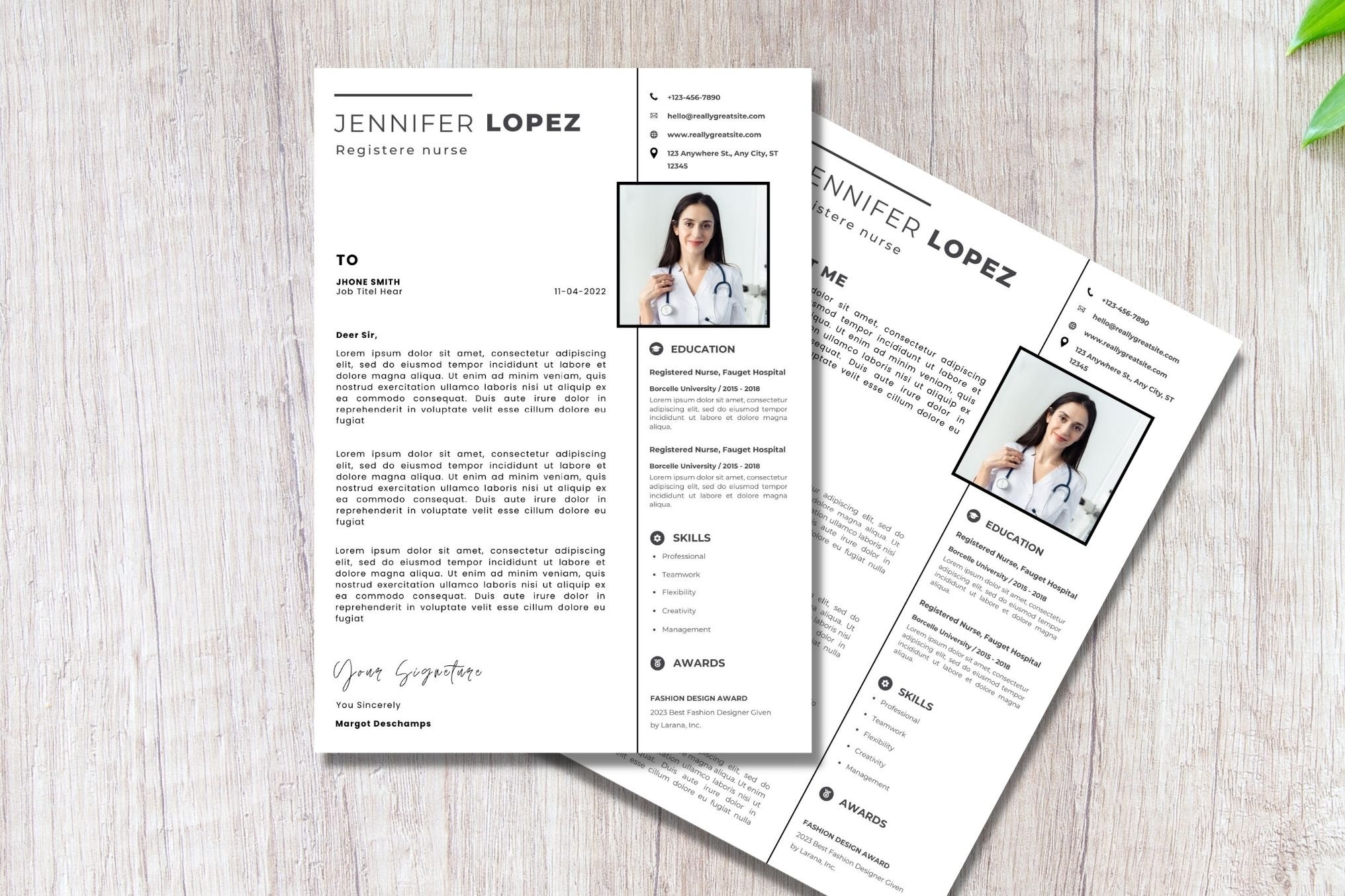 Two resume templates on a wooden table.