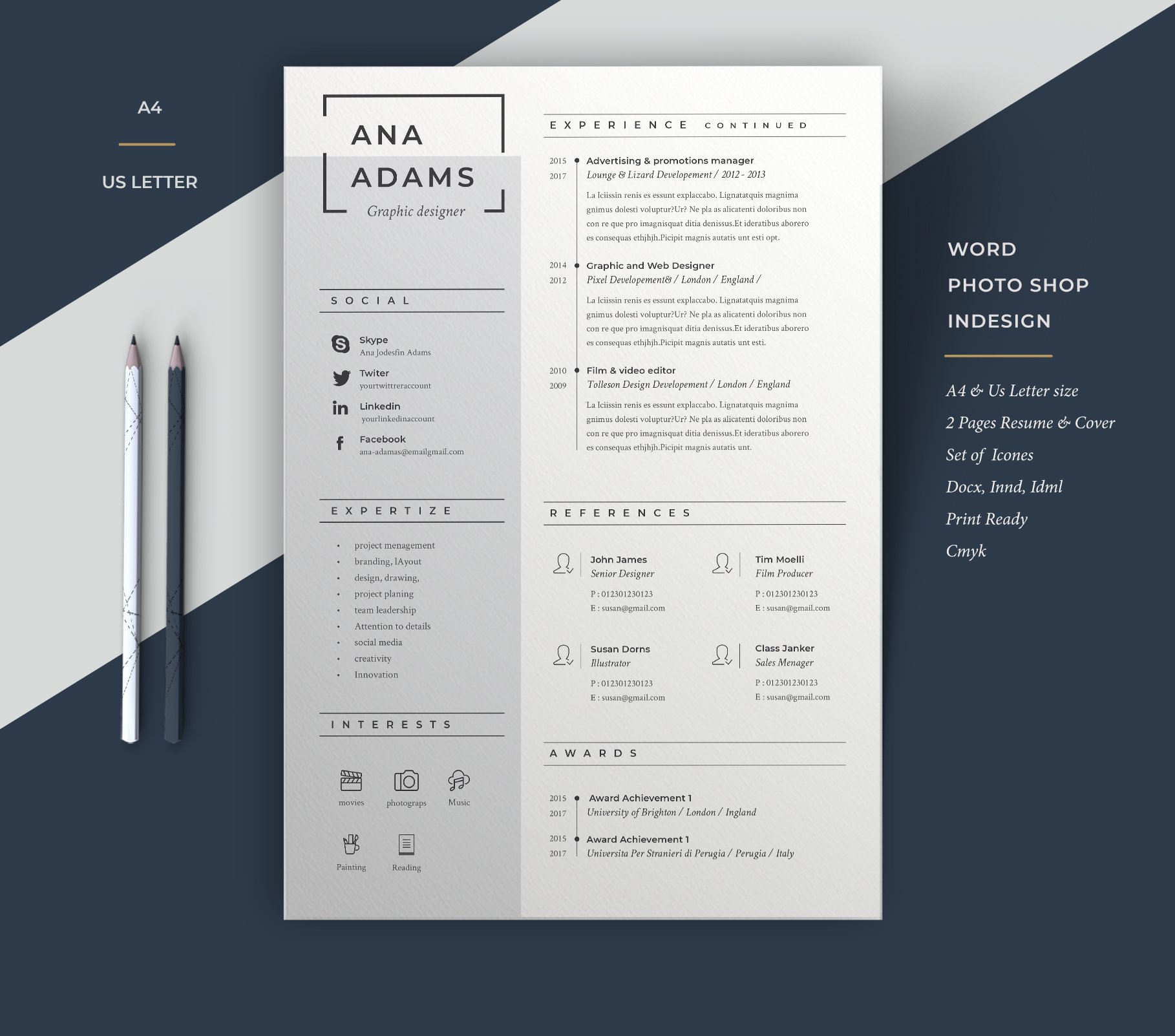 Clean and modern resume template on a blue and white background.