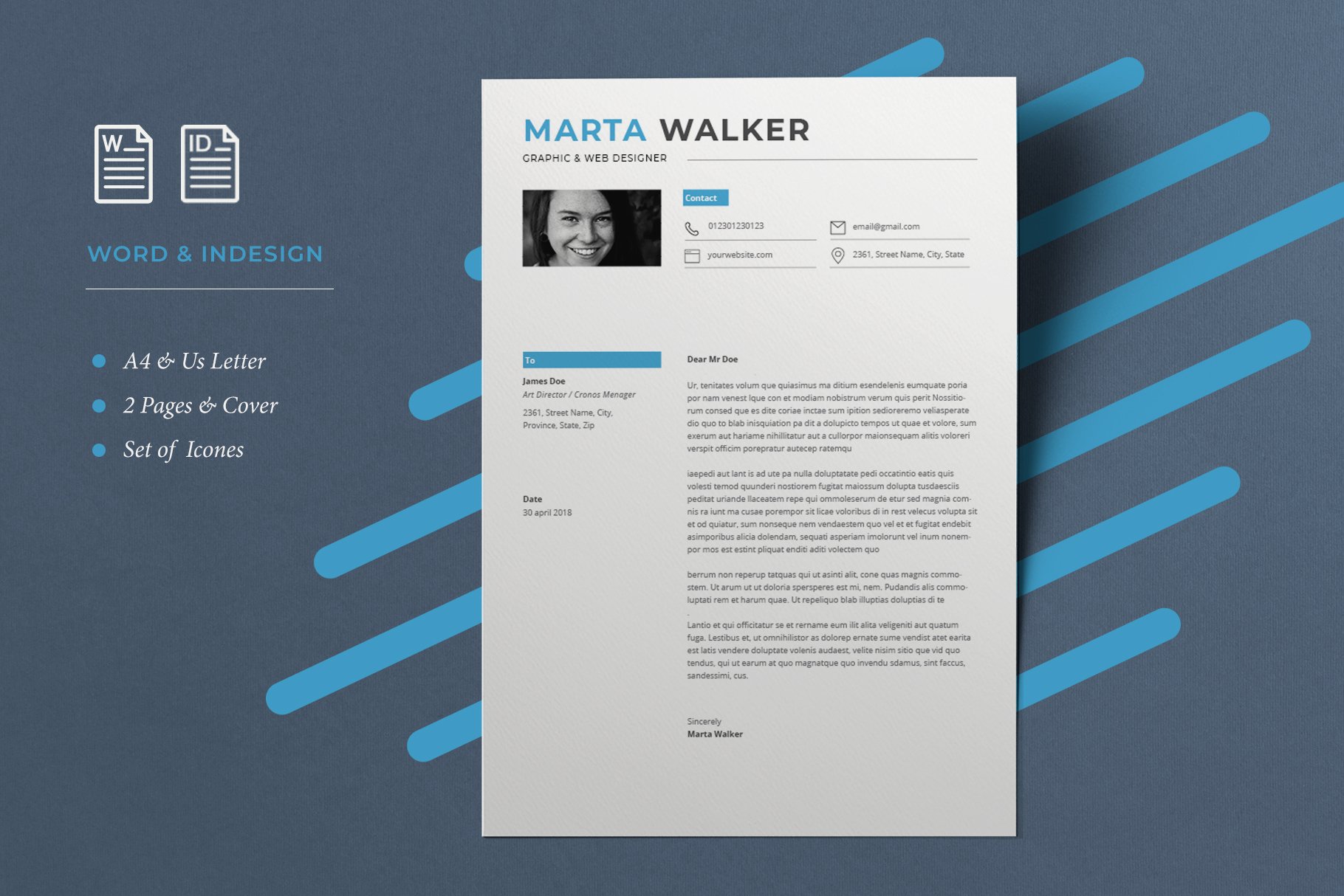 Blue and white cover letter on a blue background.