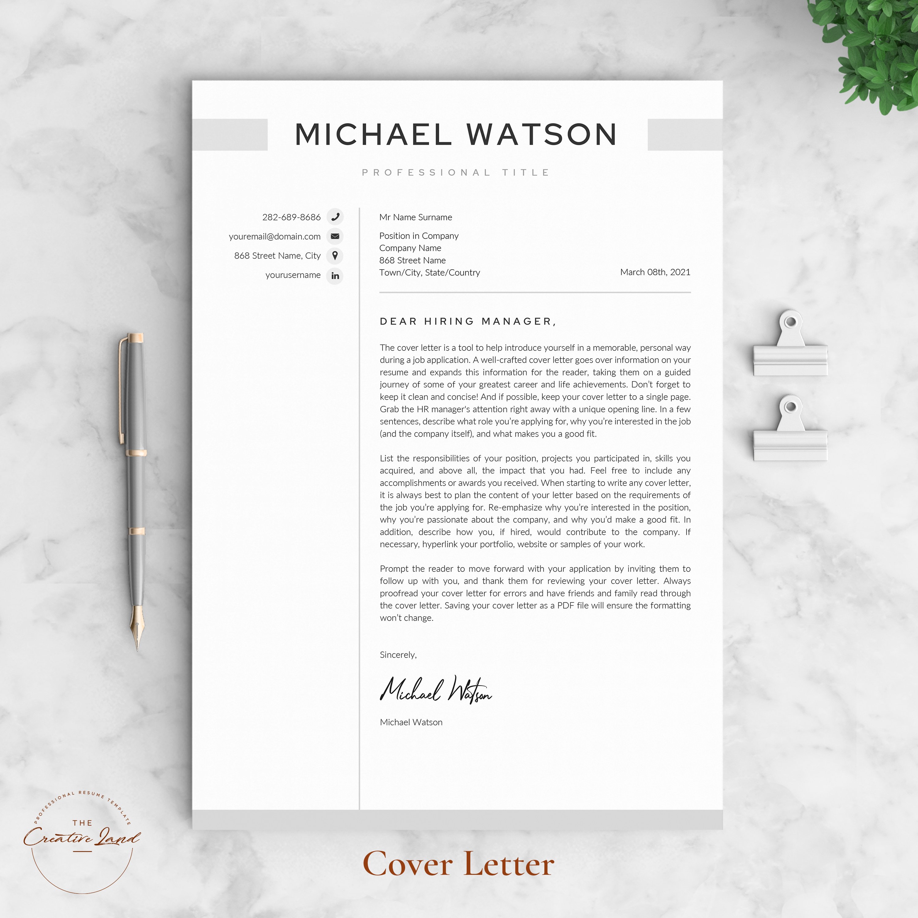 Professional resume template with a cover letter.