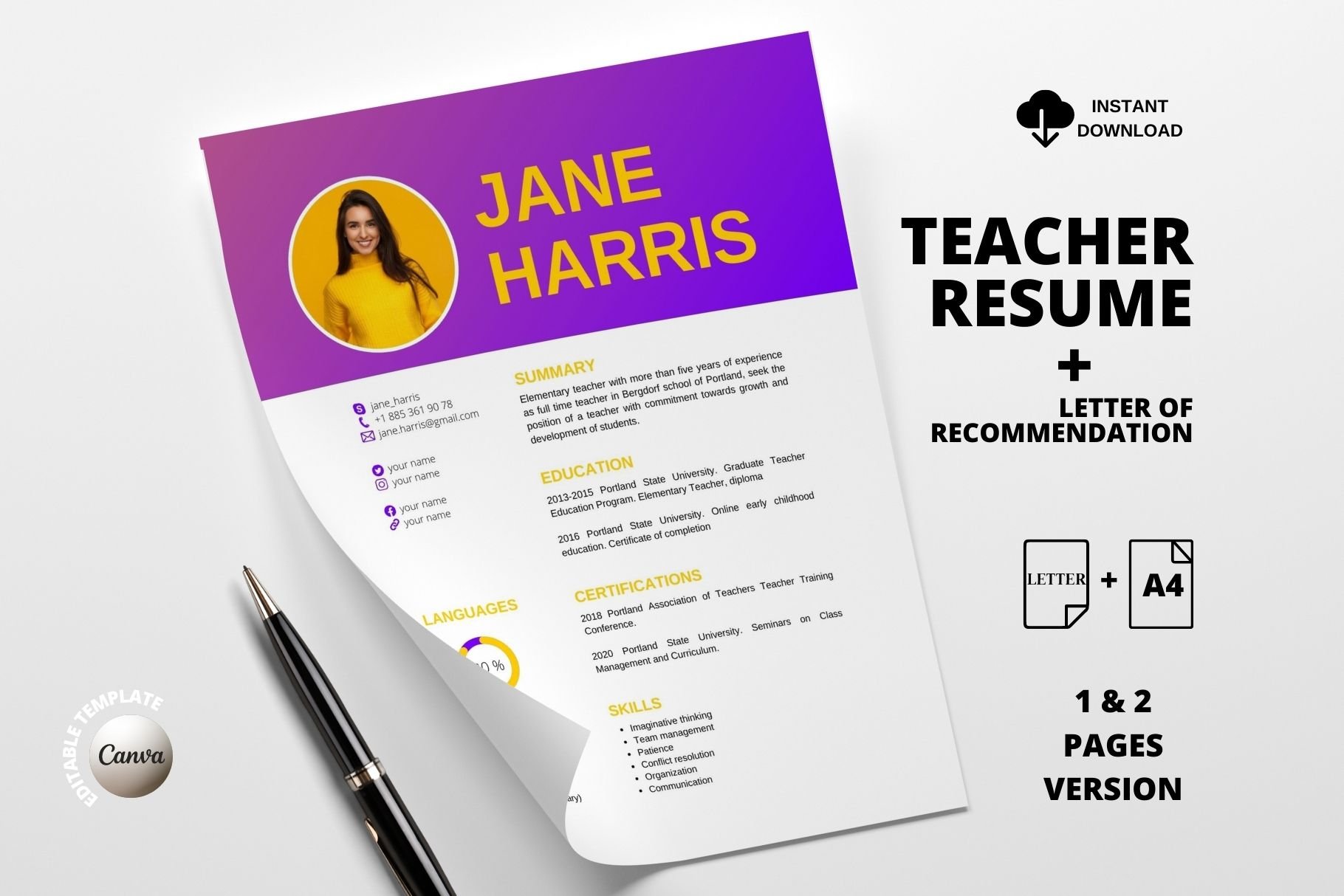 Teacher Resume Template |Canva cover image.