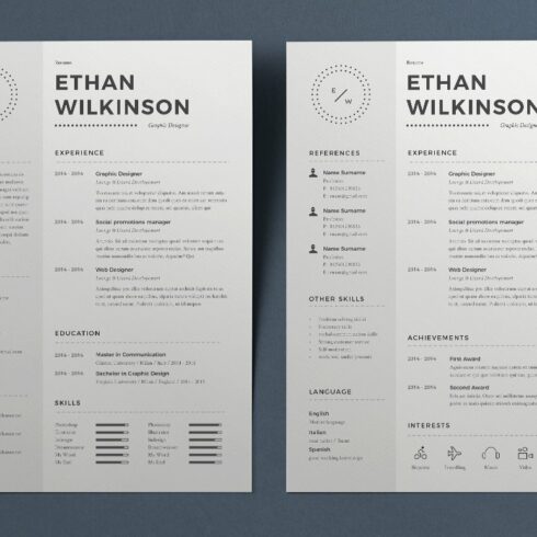 Two white resume templates on a blue background.