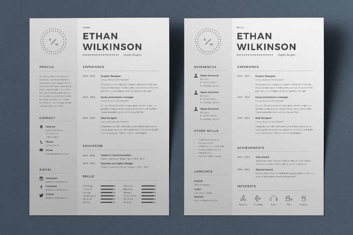 Two white resume templates on a blue background.