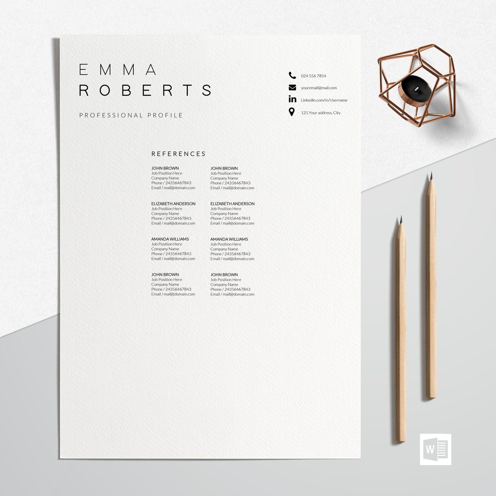 Professional resume template with a pen and pencil.