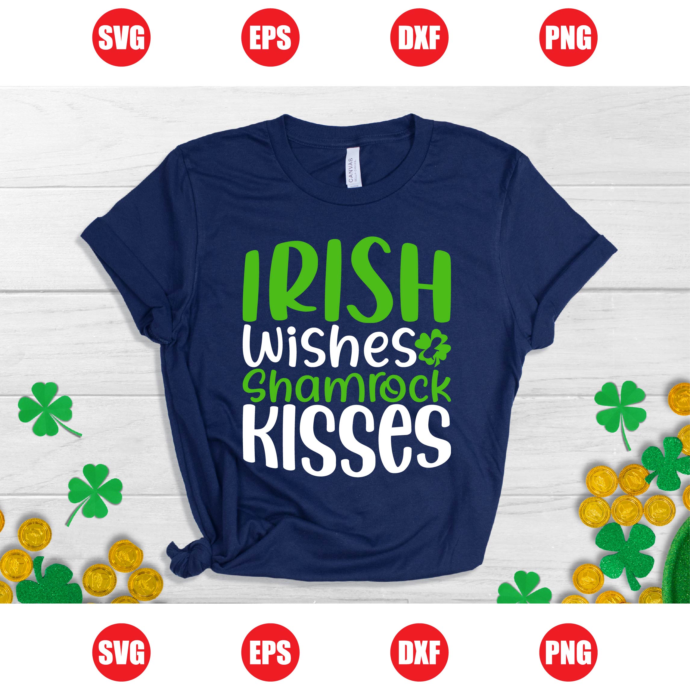 Irish Wishes & Shamrock Kisses T-shirt Design preview image.