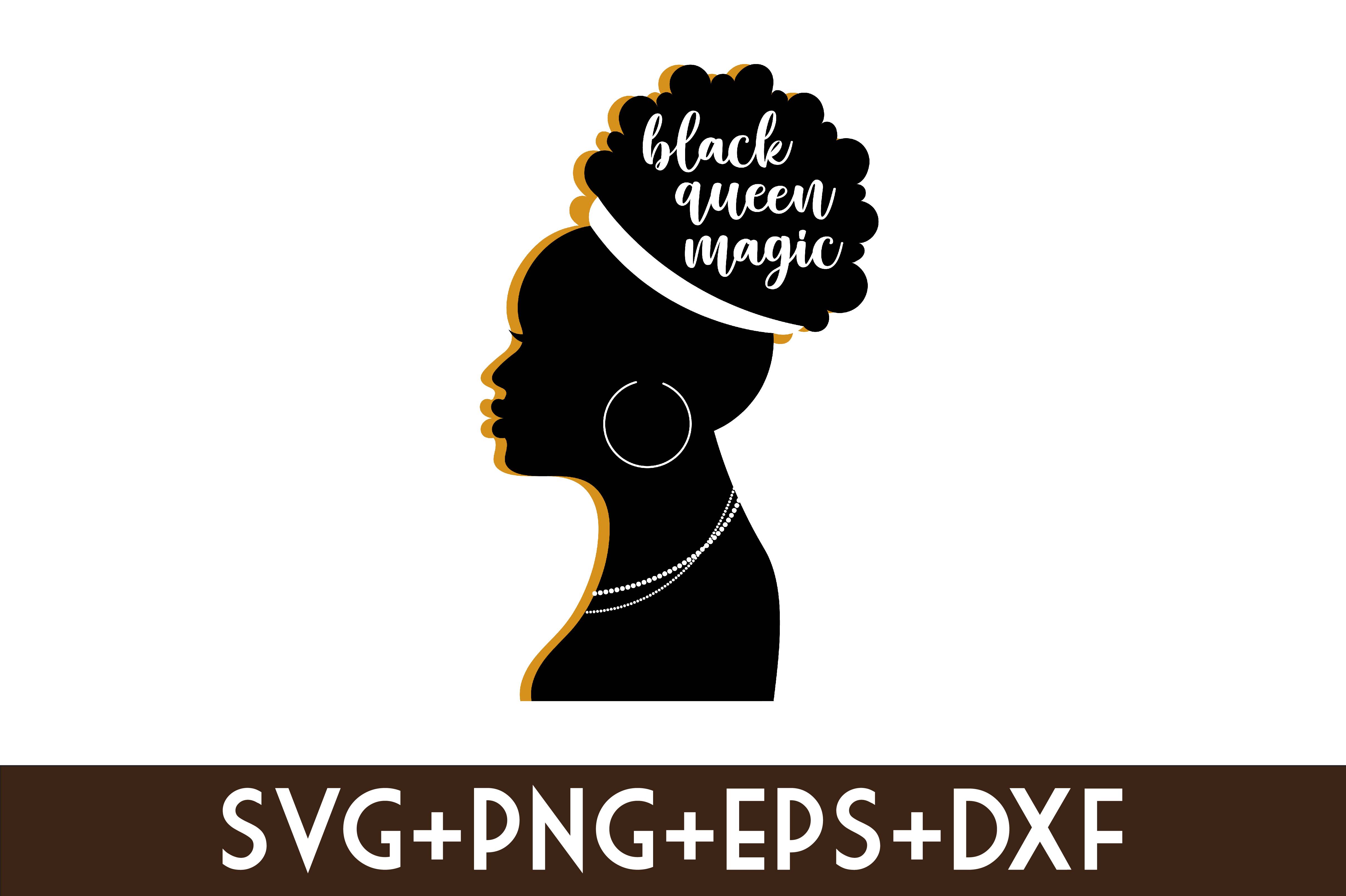 Woman's head with the words black queen magic on it.