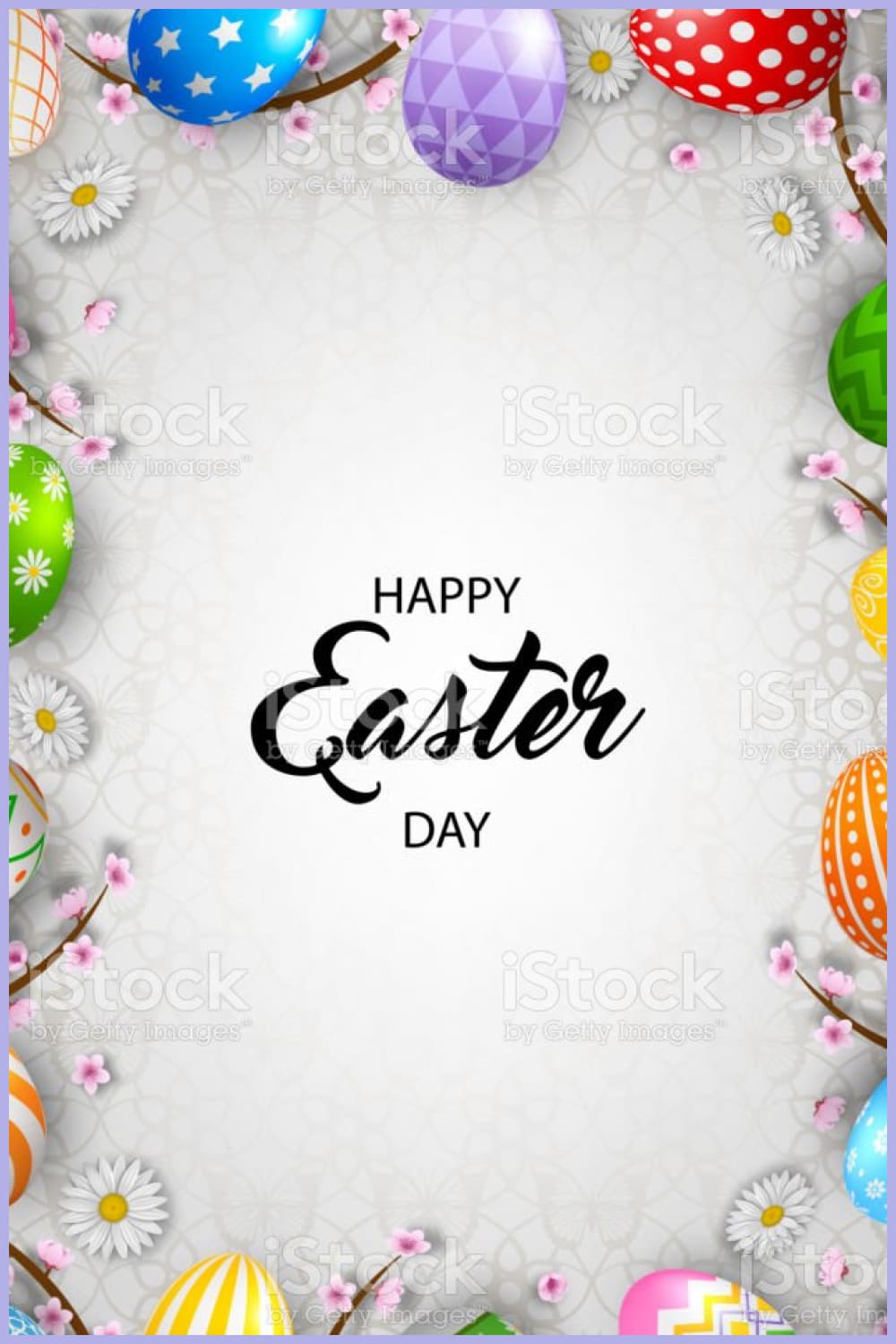 Easter background with colorful eggs and cherry flowers. easter frame with decorated eggs and branches stock illustration.
