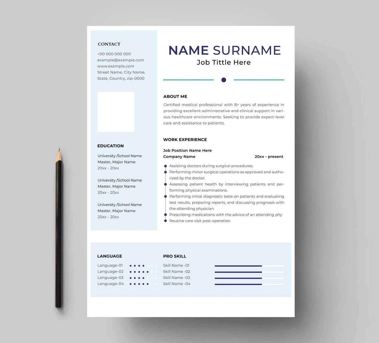 Blue and white resume template with a pencil.