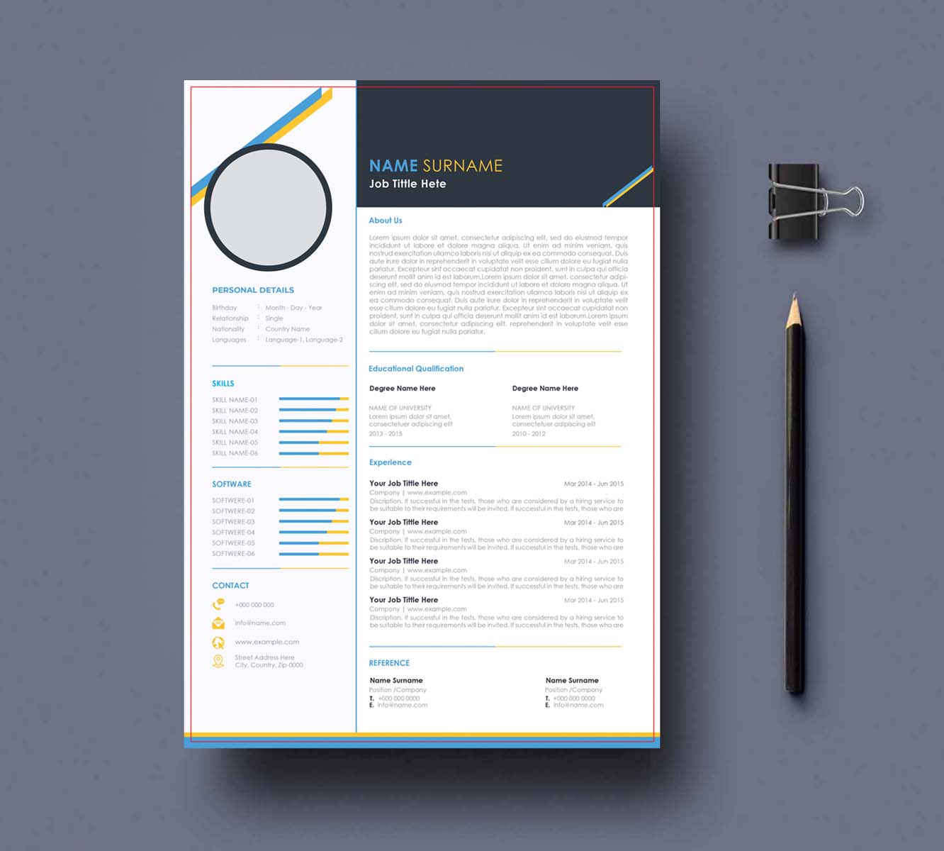 Professional resume template with a pencil and pen.