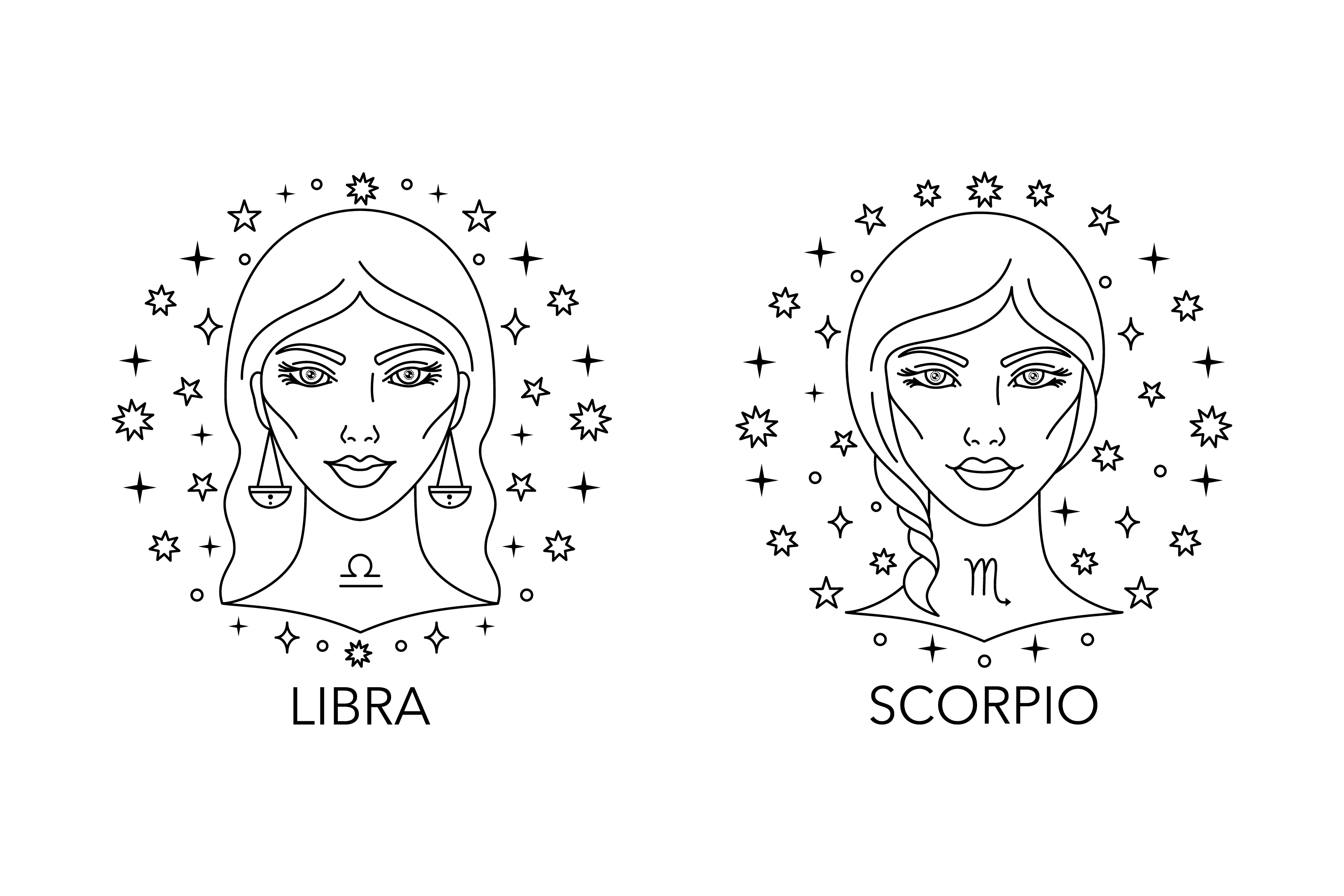 Line drawing of a woman's face with libra and scorpio.