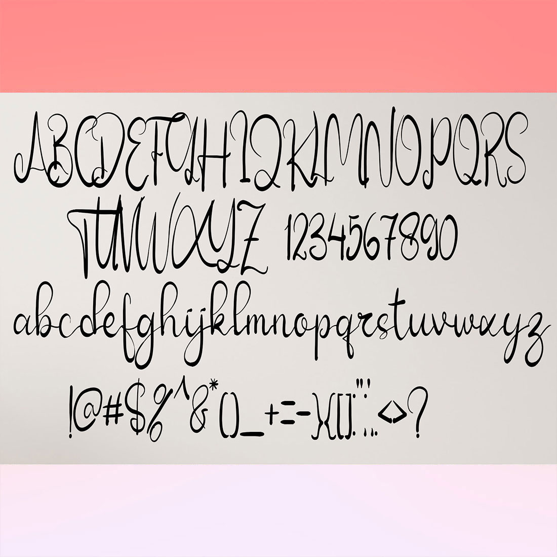 Black and white type of handwriting on a pink and white background.