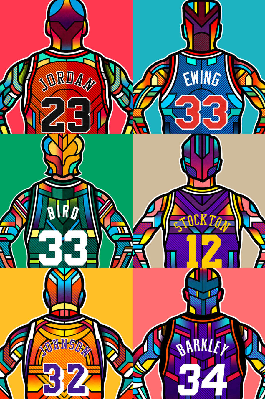 Group of four different colored basketball uniforms.
