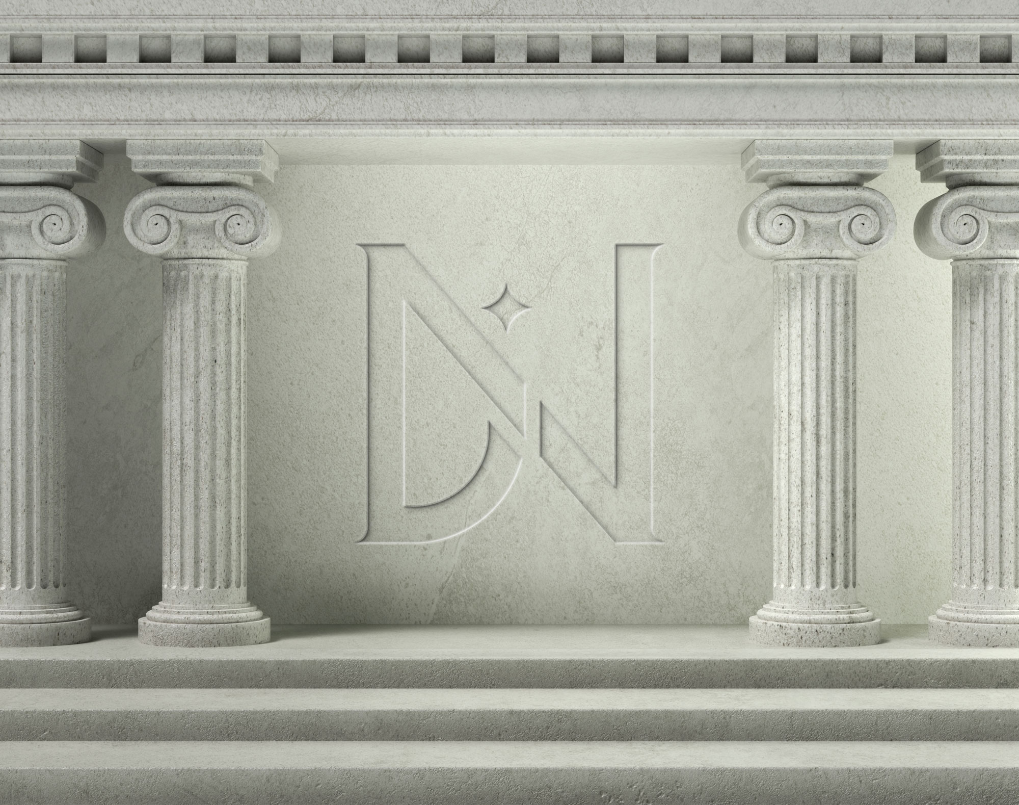 Stone wall with three pillars and a letter n on it.