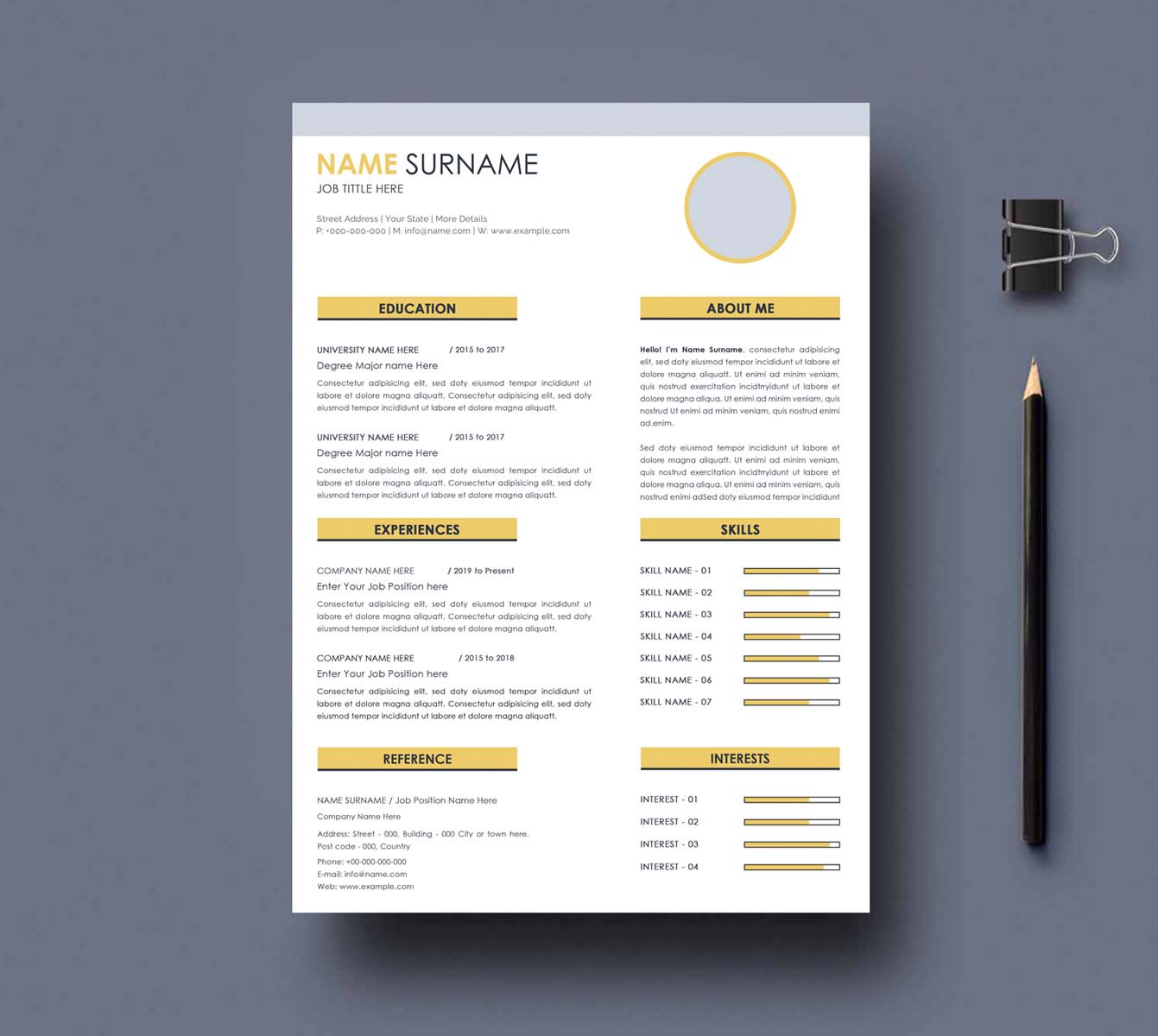 Yellow and white resume template with a pencil.