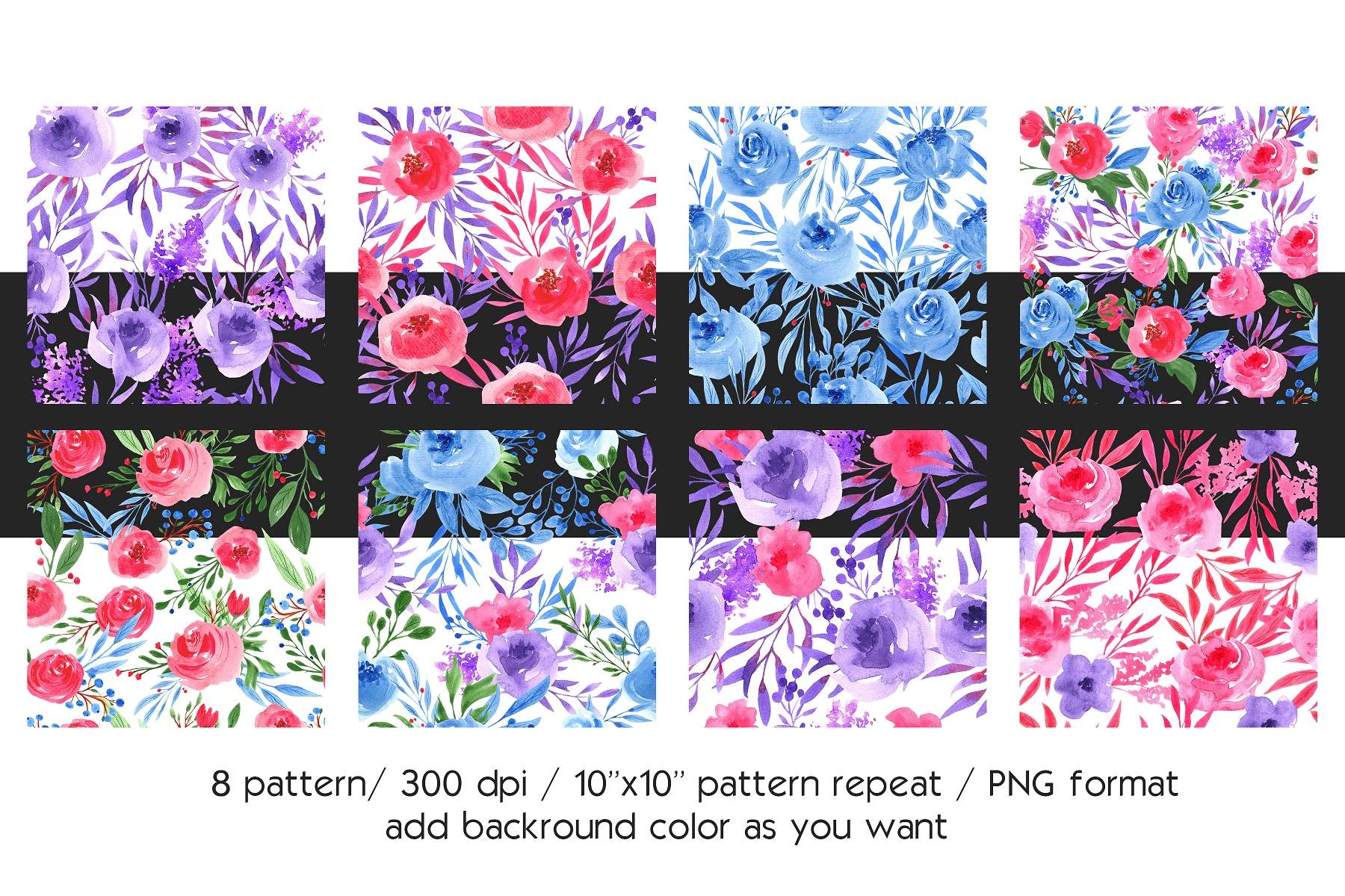 Collage of watercolor flowers on a black and white background.