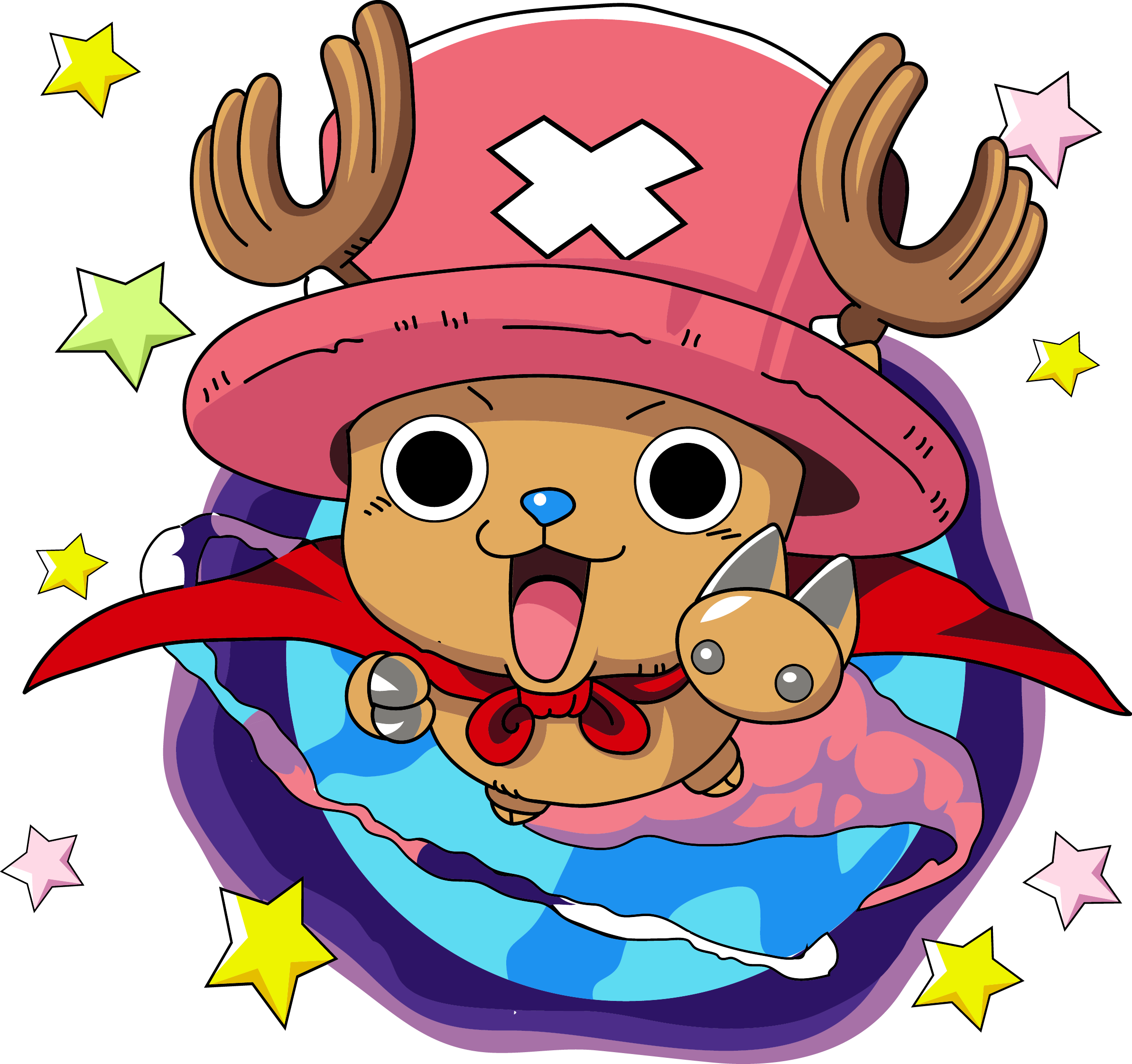 Cartoon character with a pink hat and horns.
