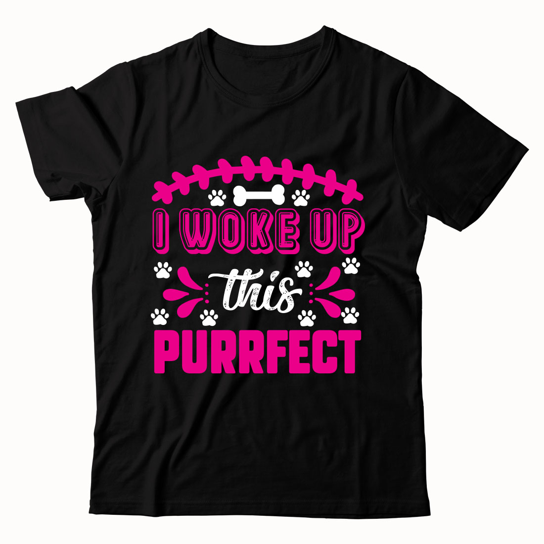 Black shirt with pink lettering that says i woke up this purrfect.