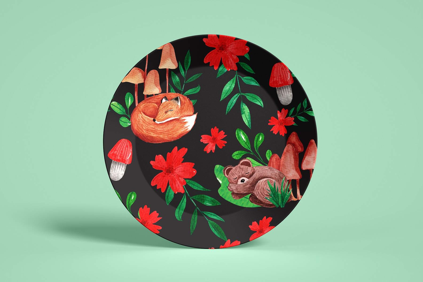 Plate with a picture of a fox and mushrooms on it.
