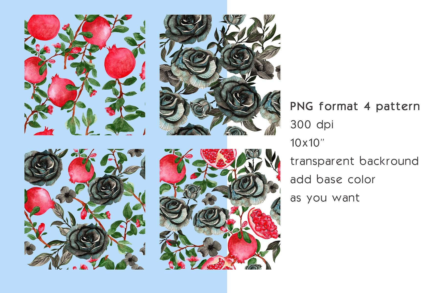 Four different images of roses and leaves on a blue background.