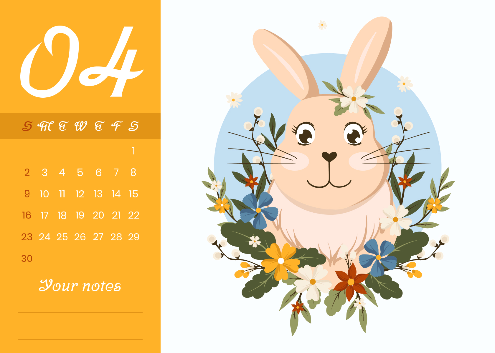 Calendar with a cartoon rabbit in a wreath of flowers.
