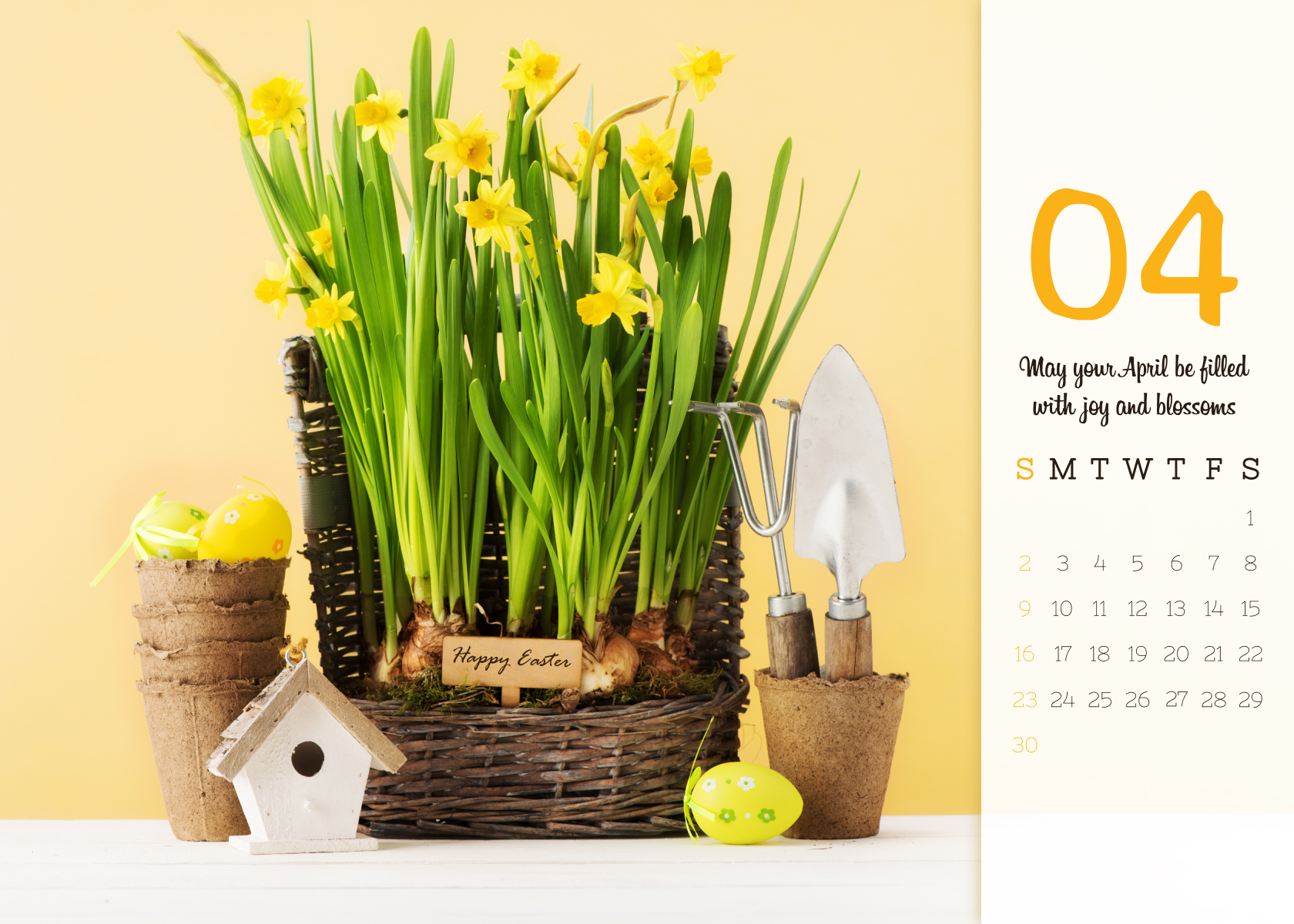 Basket of daffodils on a table next to a calendar.