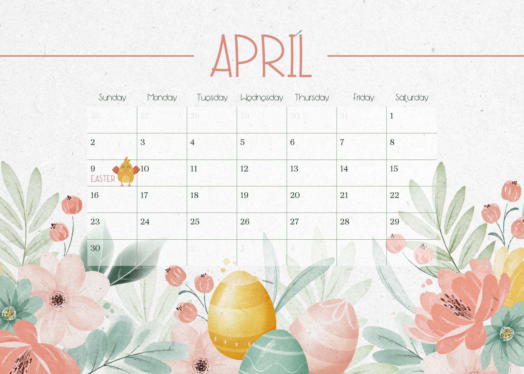 Calendar with flowers and leaves on it.