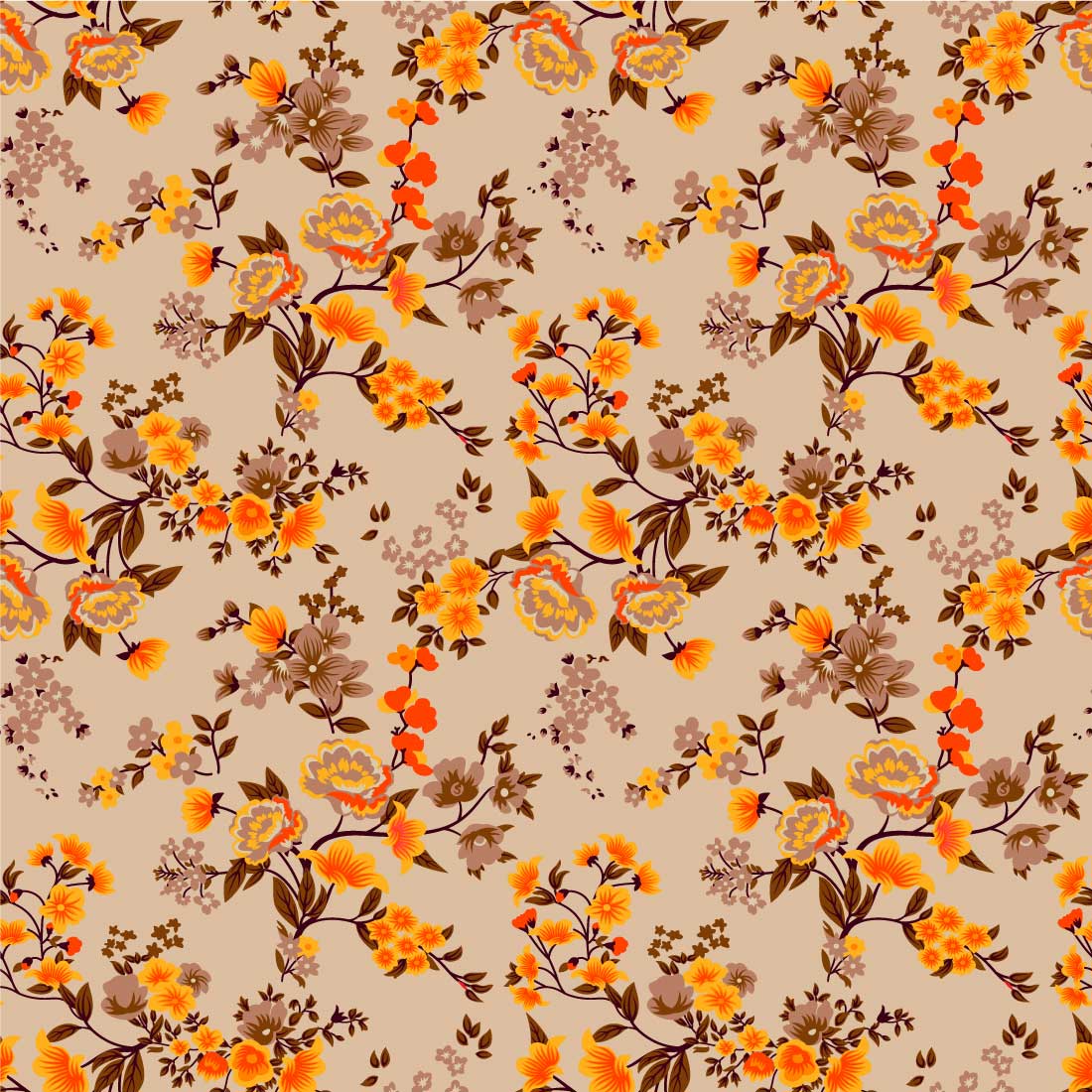 Orange and brown floral pattern on a beige background.