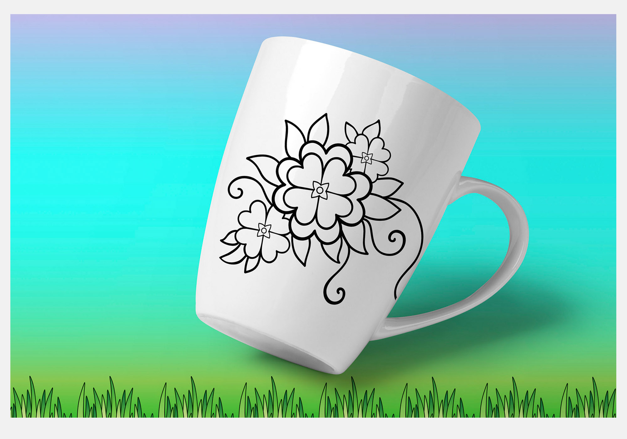 White coffee mug with a floral design on it.