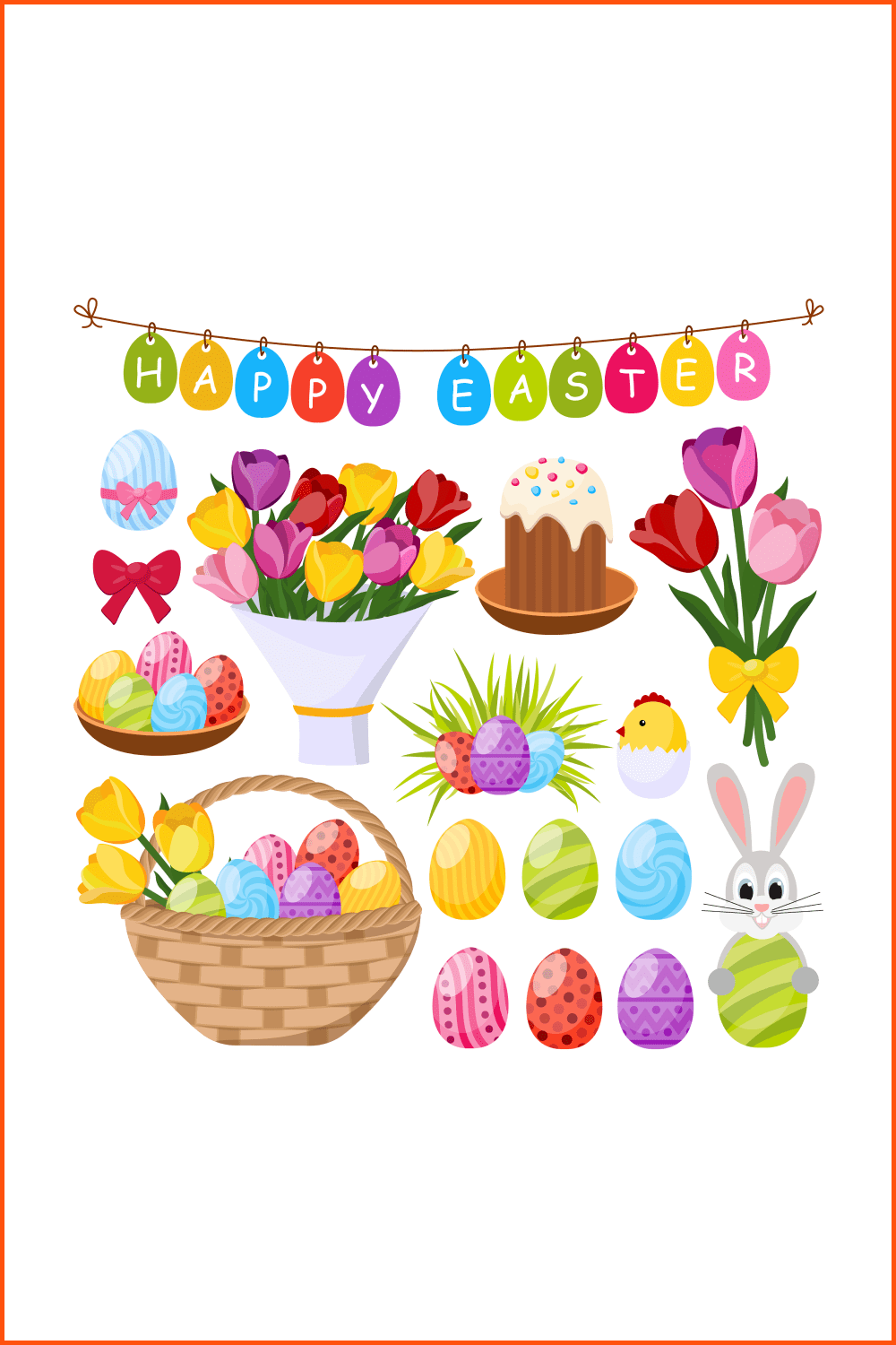 Set with colored eggs, hens, rabbits and flowers.
