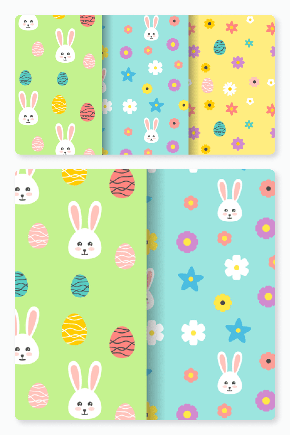 Collage of patterns with the image of the face of a rabbit, eggs and flowers.