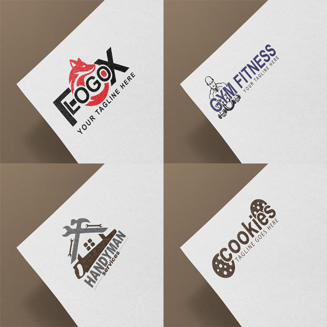 Four business cards with different logos on them.