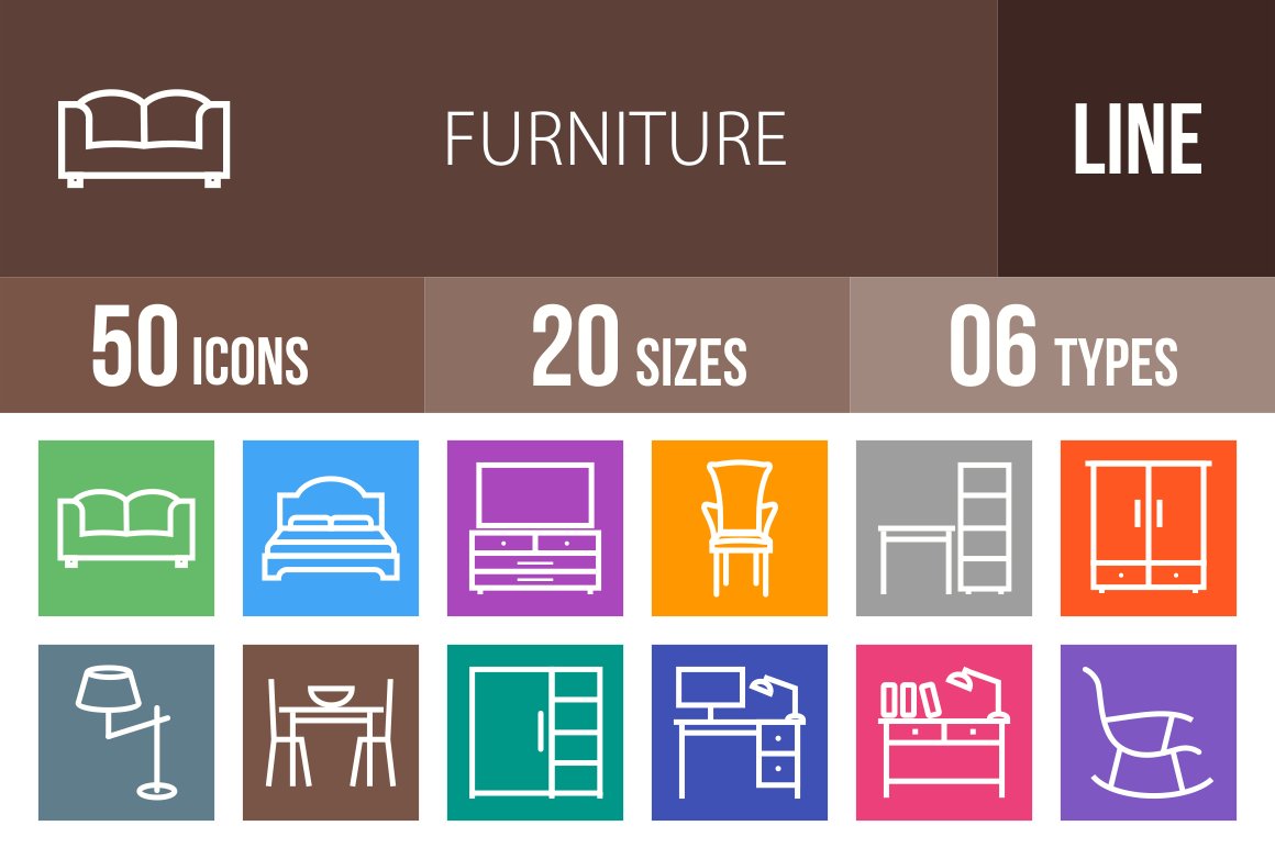 50 Furniture Line Multicolor Icons cover image.