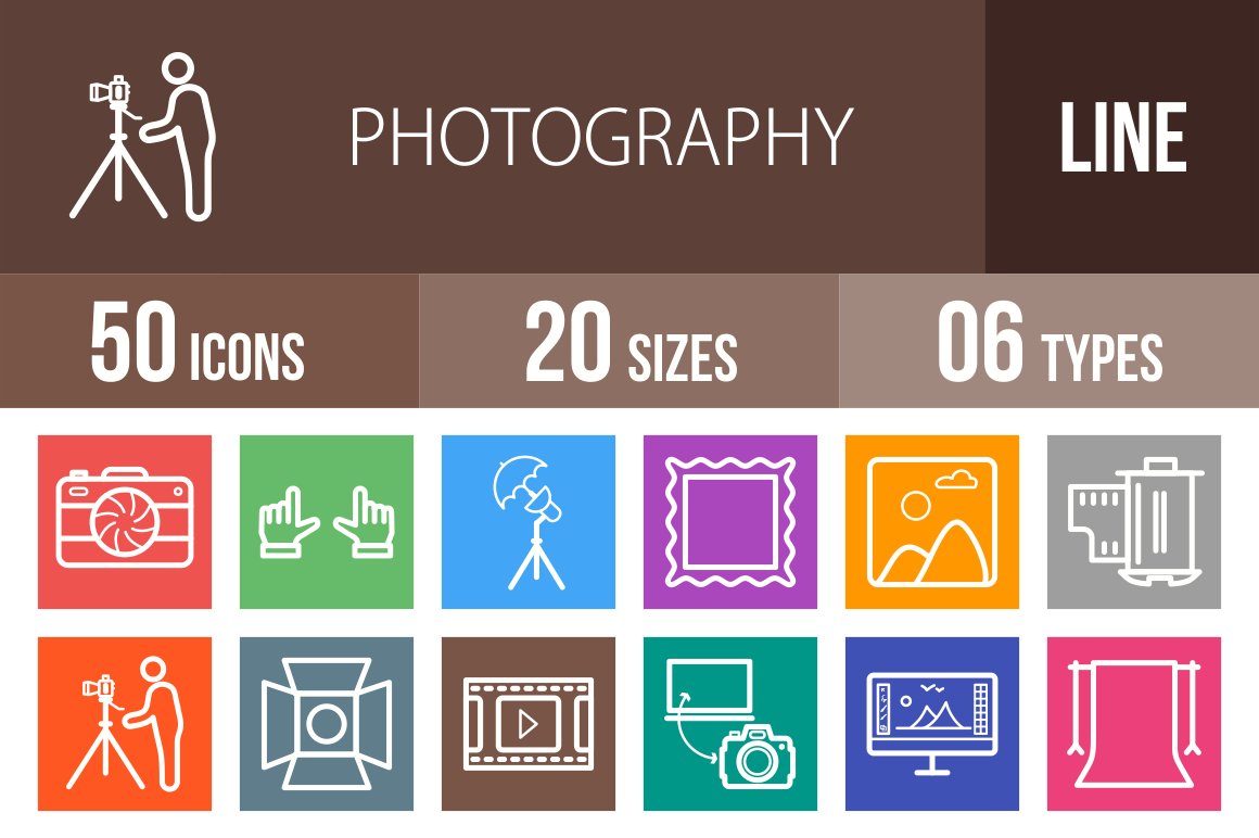 50 Photography Line Multicolor Icons cover image.