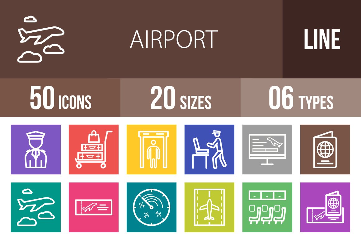 50 Airport Line Multicolor Icons cover image.
