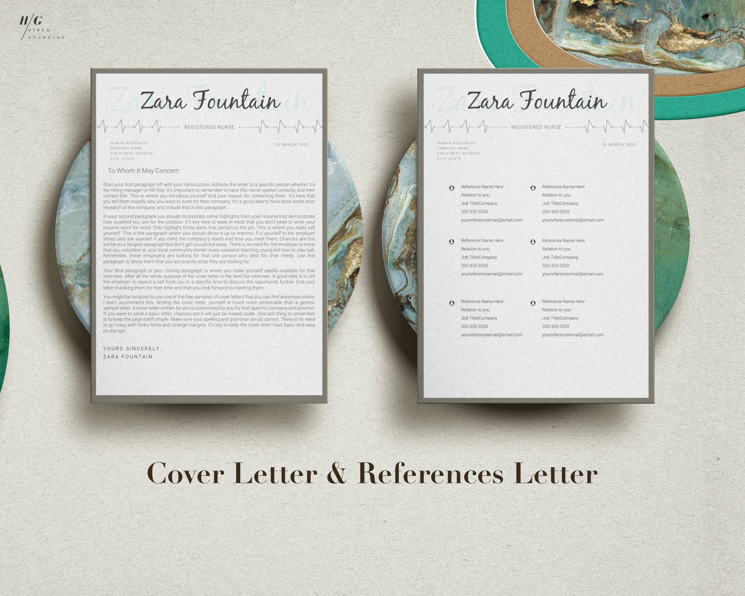 The cover letter and references letter are on a plate.