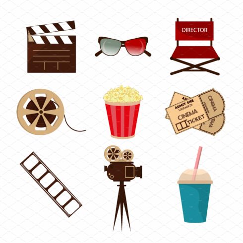 Cinema icons in flat style vector cover image.