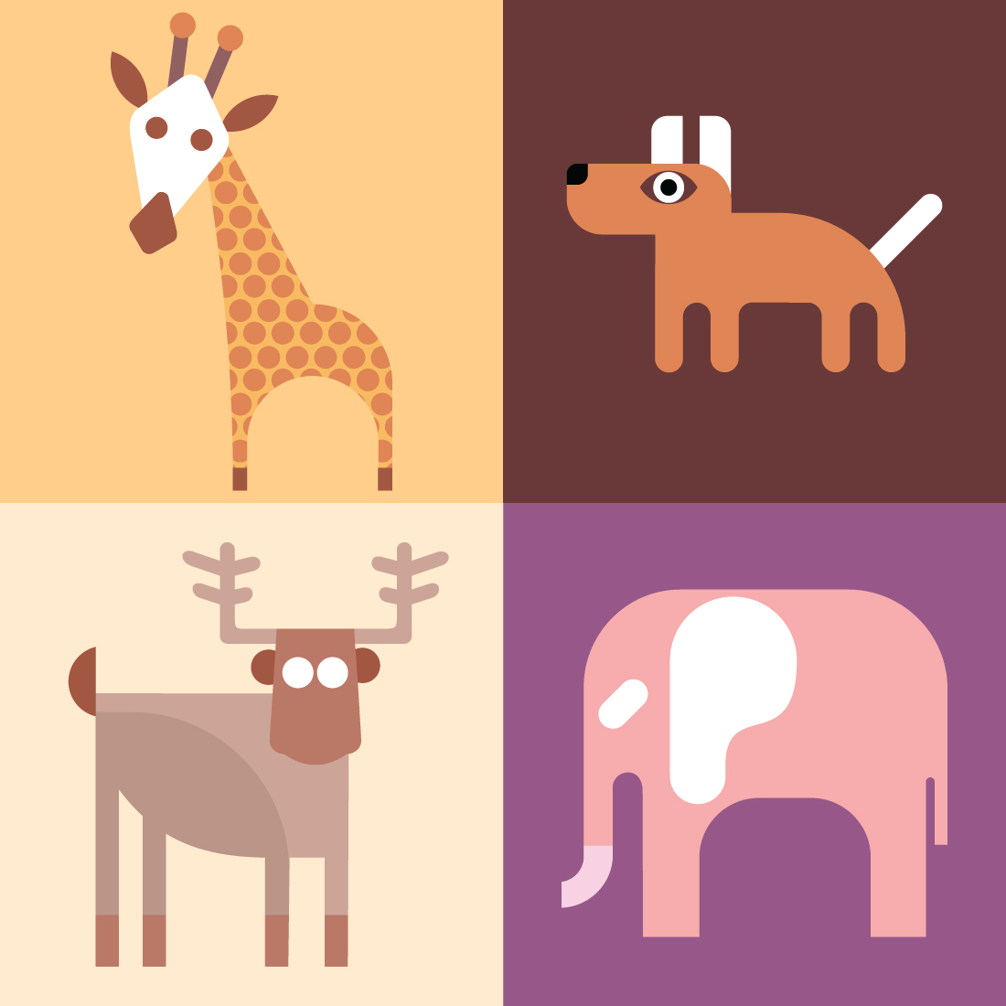 Four different types of animals in different colors.