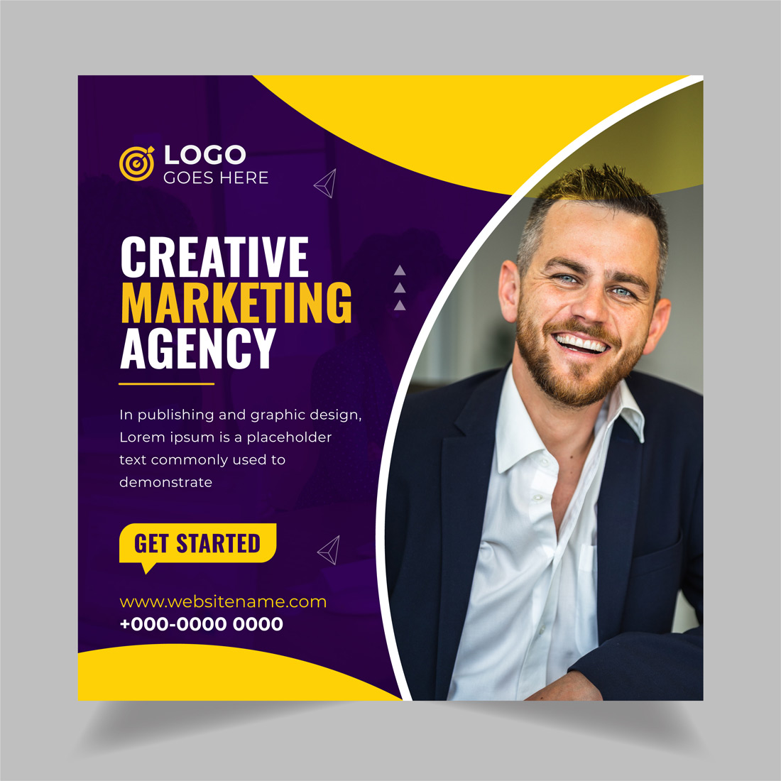 Purple and yellow flyer for a marketing company.
