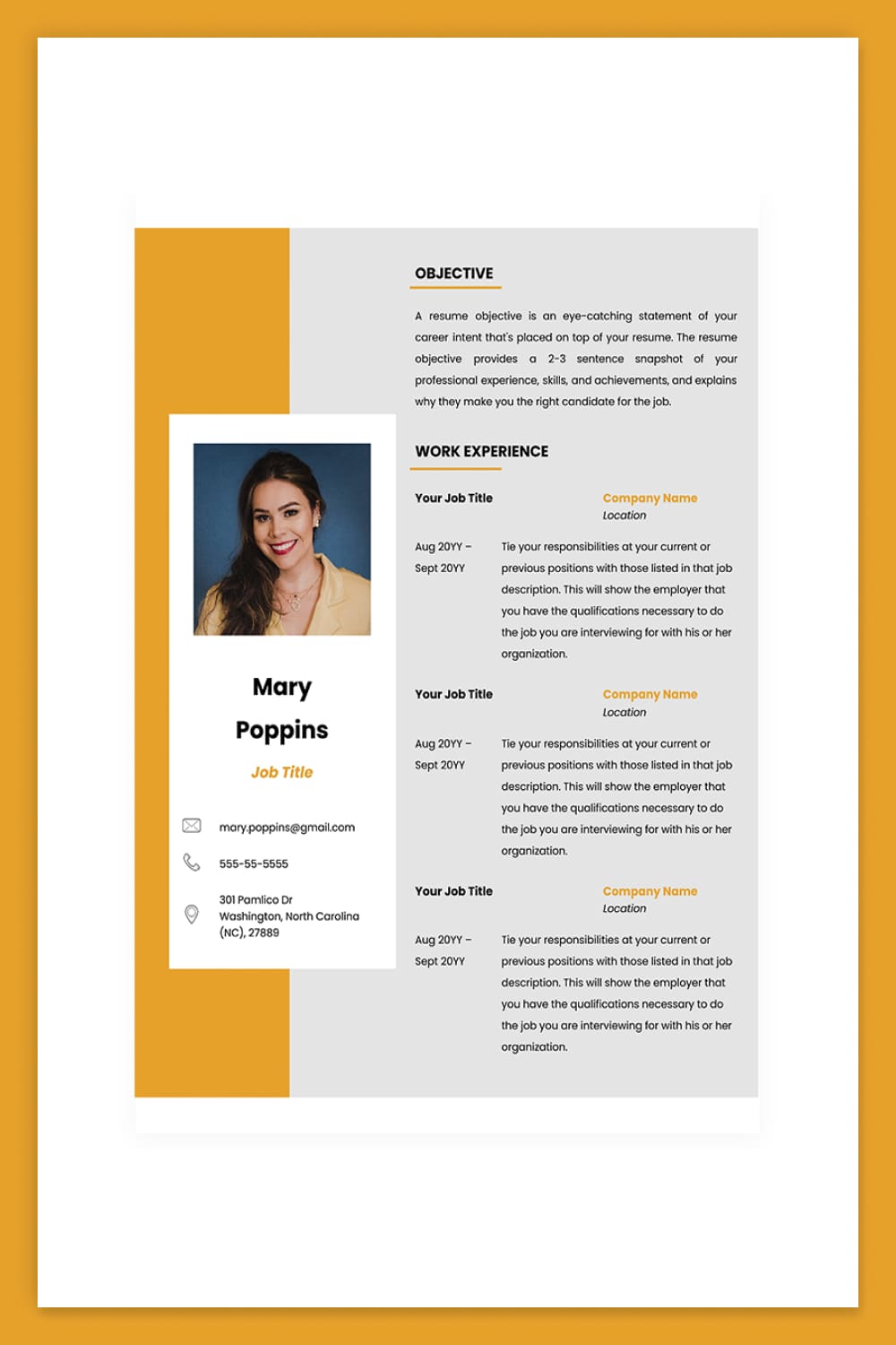 Resume with photo, columns and beige background.