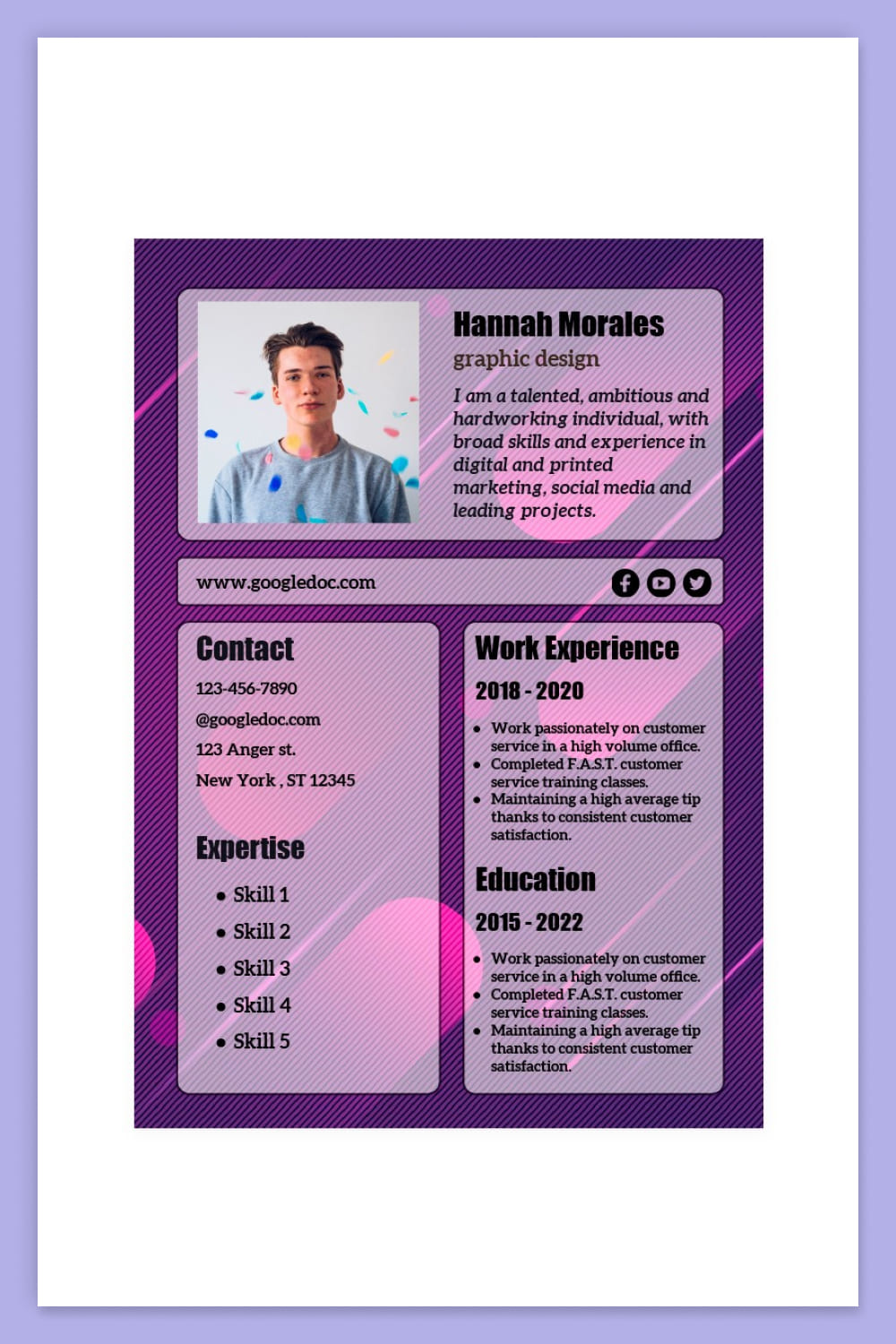 Resume with photo, columns and purple background.