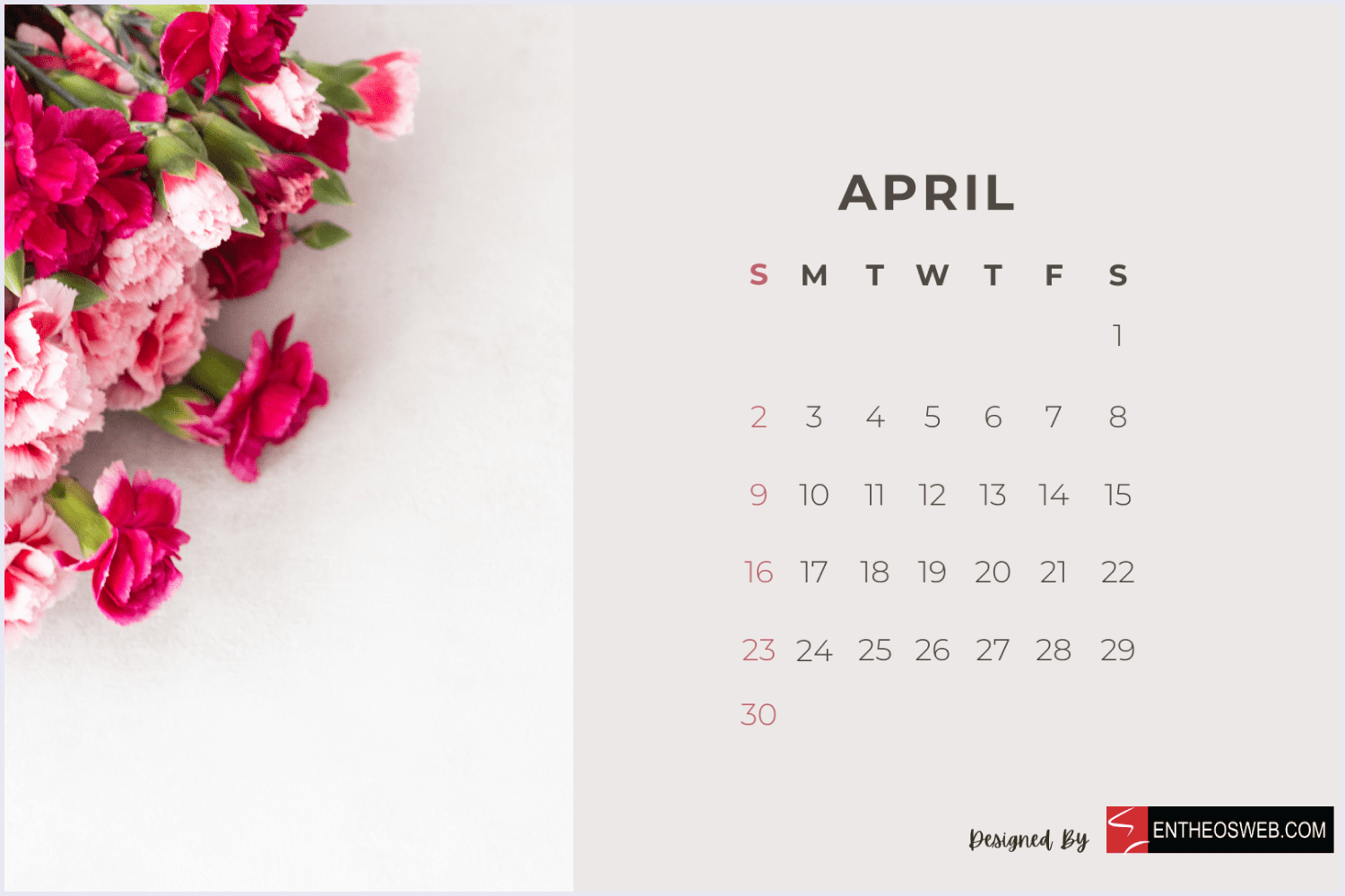 Aesthetic April calendar with stunning floral designs and customizable space.