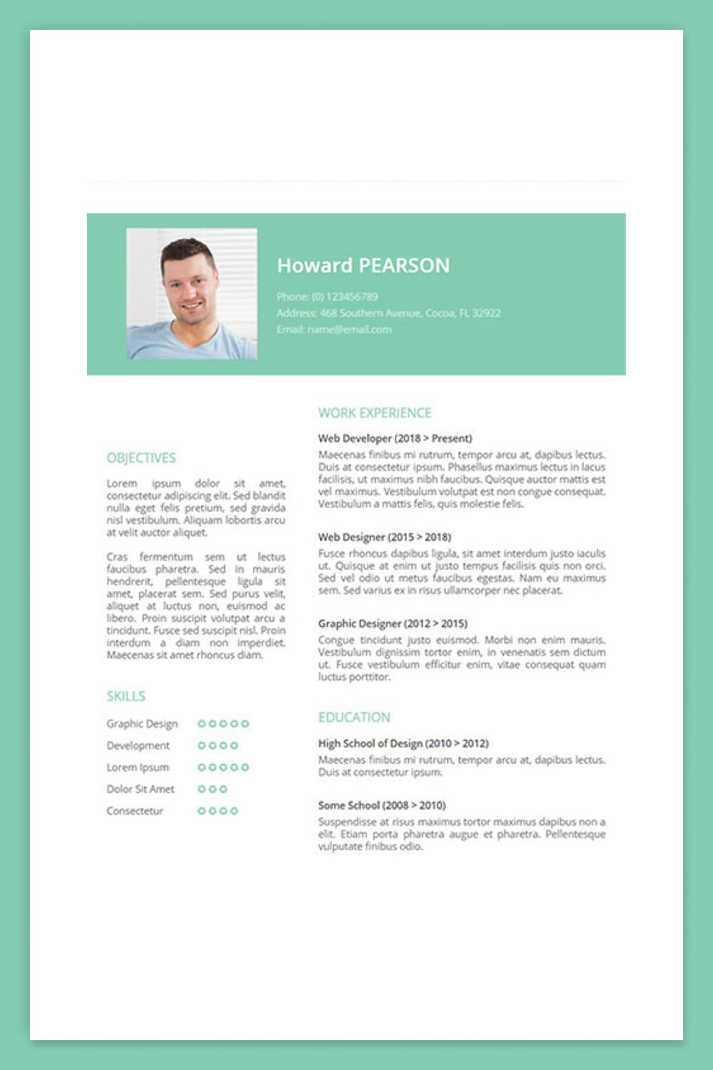 Resume with photo, two columns and green color scheme.
