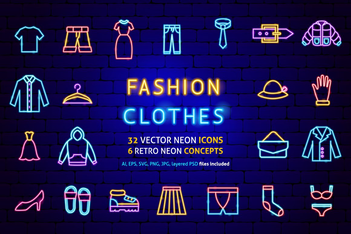 Clothing Fashion Neon Vector Icons cover image.